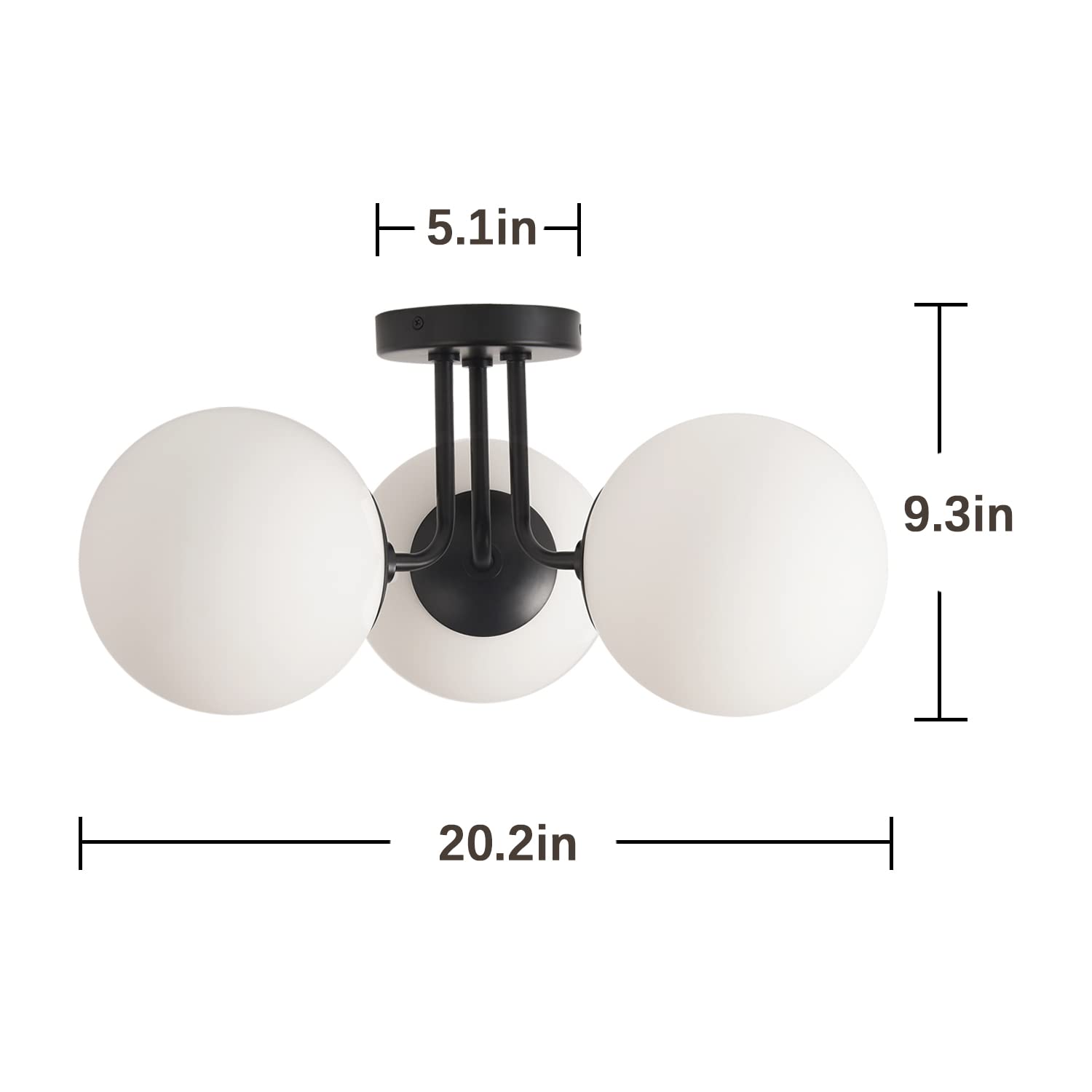 Soft Black 3-Light Semi Flush Mount Ceiling Fixture with Frosted Glass Shade - Vintage Style Close-to-Ceiling Lighting for Bedroom & Living Room | Modern Chandelier Alternative for Cozy Home Ambiance