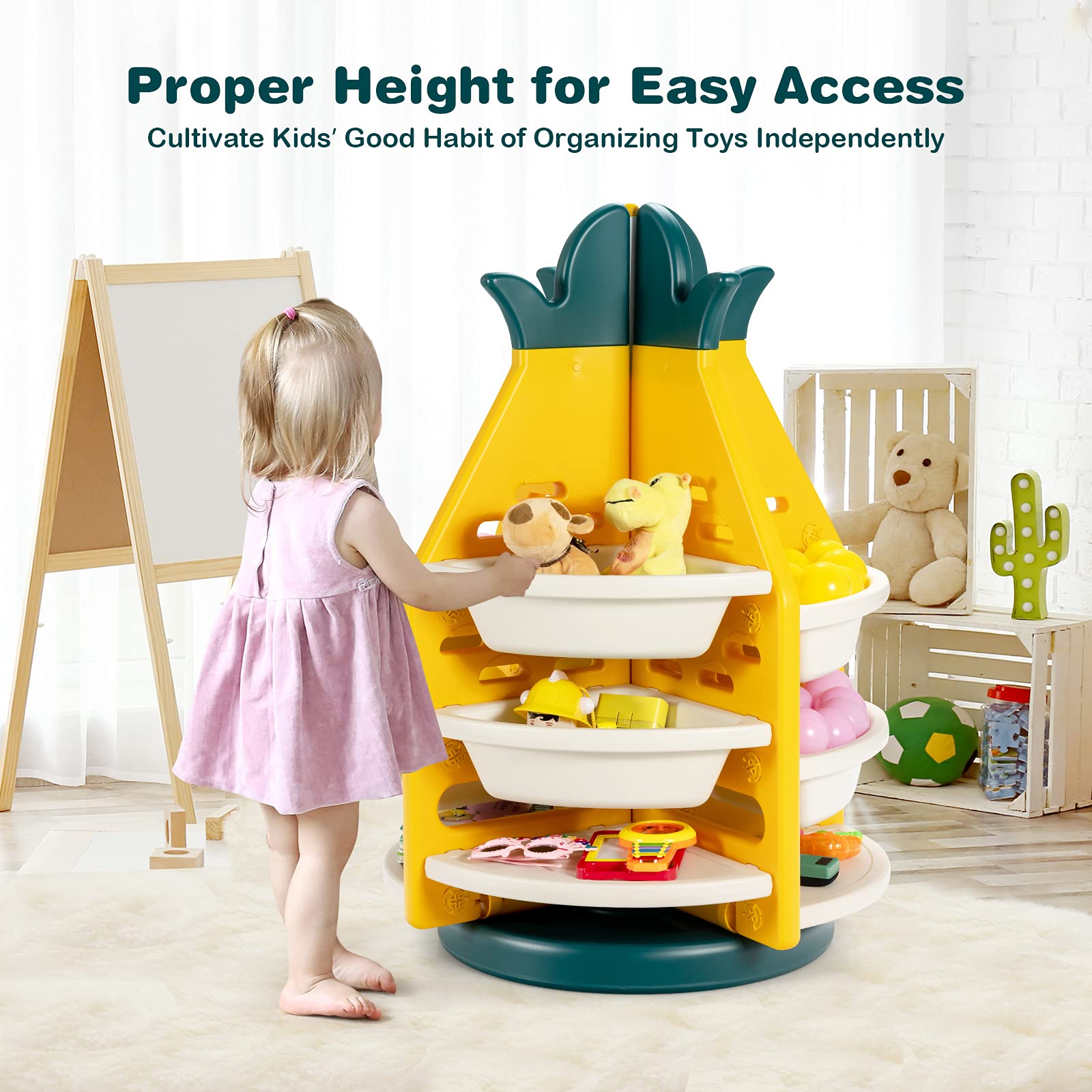 Costzon 3-Tier 360° Rotating Kids Toy Storage Organizer with 8 Bins & 4 Shelves - Pineapple Shaped Bookcase for Boys & Girls, Easy Assembly Toddler Book Rack Furniture for Playroom & Kids Bedroom - Perfect for Organizing Toys, Books & Learning Supplies in Daycare or Home Nursery