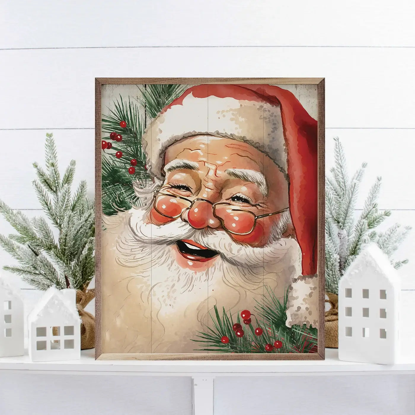 Jolly Red Hat Santa With Glasses Wood Framed Print - Christmas Wall Art Decor for Home, Office & Holiday Party Decoration