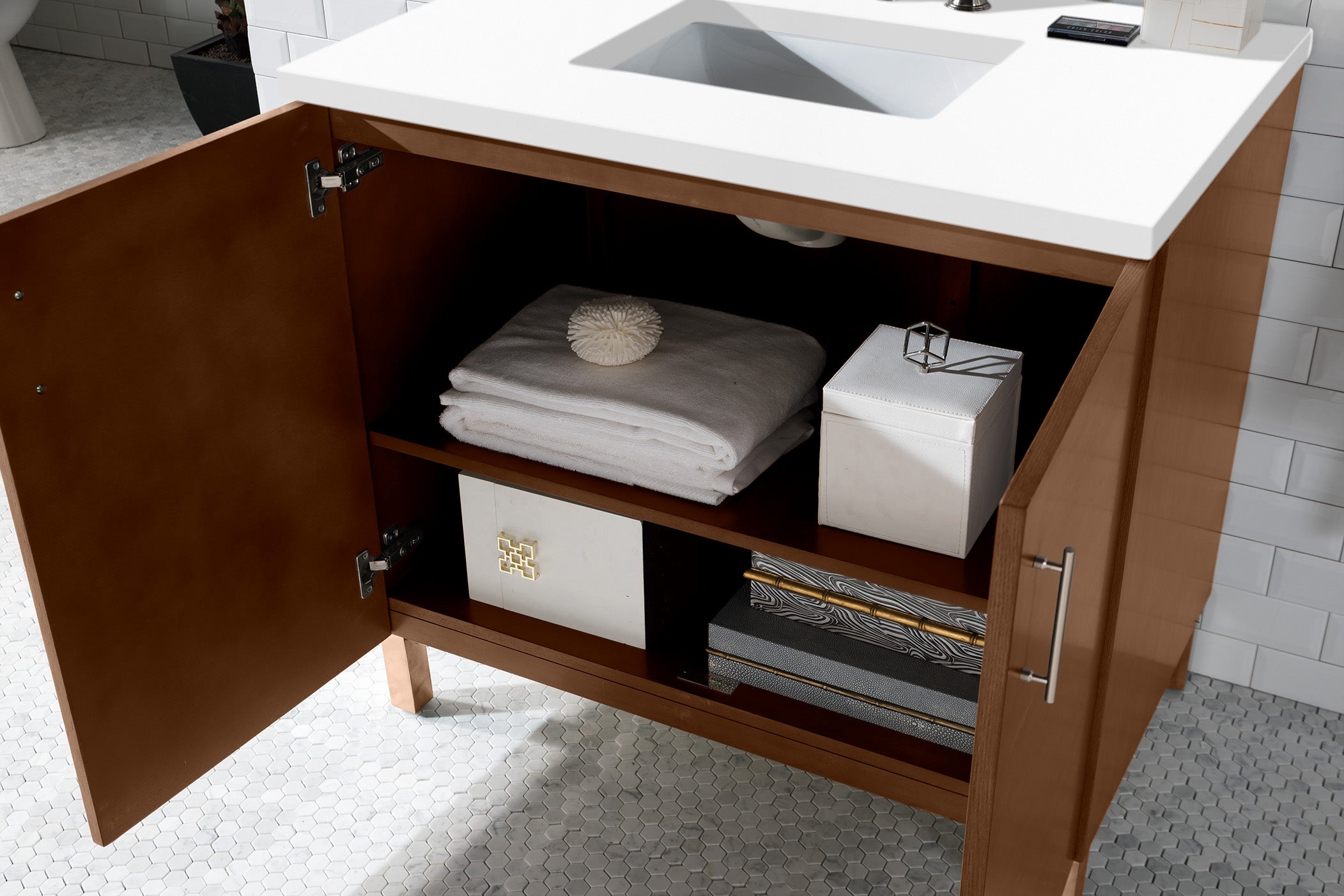 Metropolitan 36 Inch Single Bathroom Vanity with White Zeus Quartz Top - American Walnut Finish for Modern Home Decor | Perfect for Master Bath, Guest Bath & Small Space Remodeling