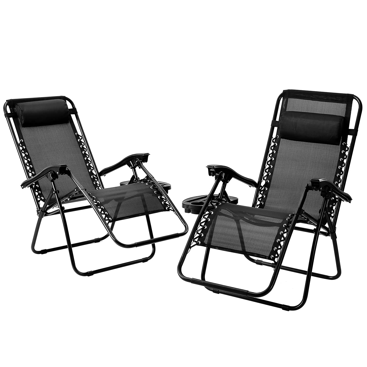 Zero Gravity Reclining Chairs Set of 2 - Adjustable Steel Mesh Lounge Chairs with Pillows & Cup Holders for Pool, Beach, Backyard, Camping - Perfect for Outdoor Relaxation, Sunbathing and Patio Lounging
