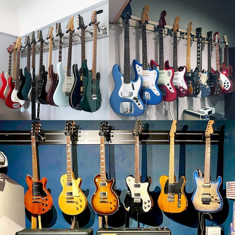 DLDirect 7 Guitar & Ukulele Wall Mount Holder with Locking System - 48 Inch Black Wall Hanger for Home, Studio & Music Room Organization