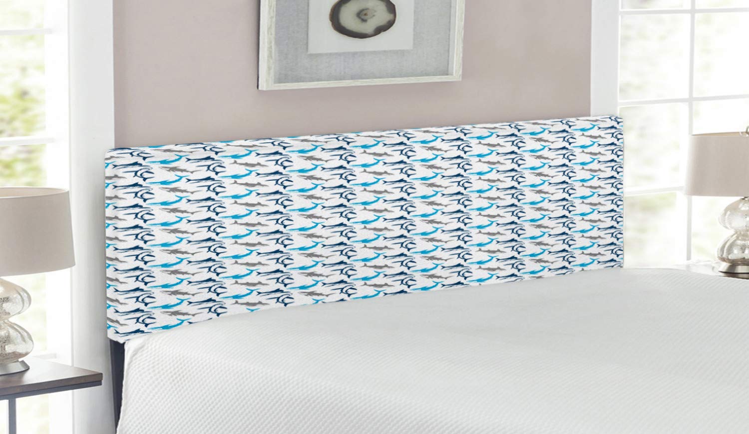 Ambesonne Shark Headboard - Retro Abstract Silhouette Design, Upholstered Metal Bed Headboard with Memory Foam for Queen Size Bed in Navy Blue & Grey - Perfect for Coastal, Nautical or Ocean-Themed Bedroom Decor