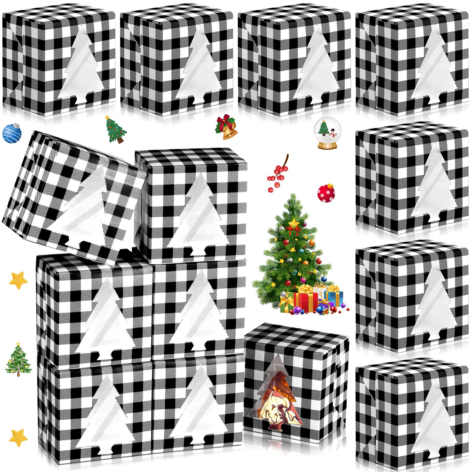 Christmas Cupcake Boxes 24 Pack - Plaid Bakery Treat Boxes for Candy & Cookies | Holiday Party Favors & Storage Decor