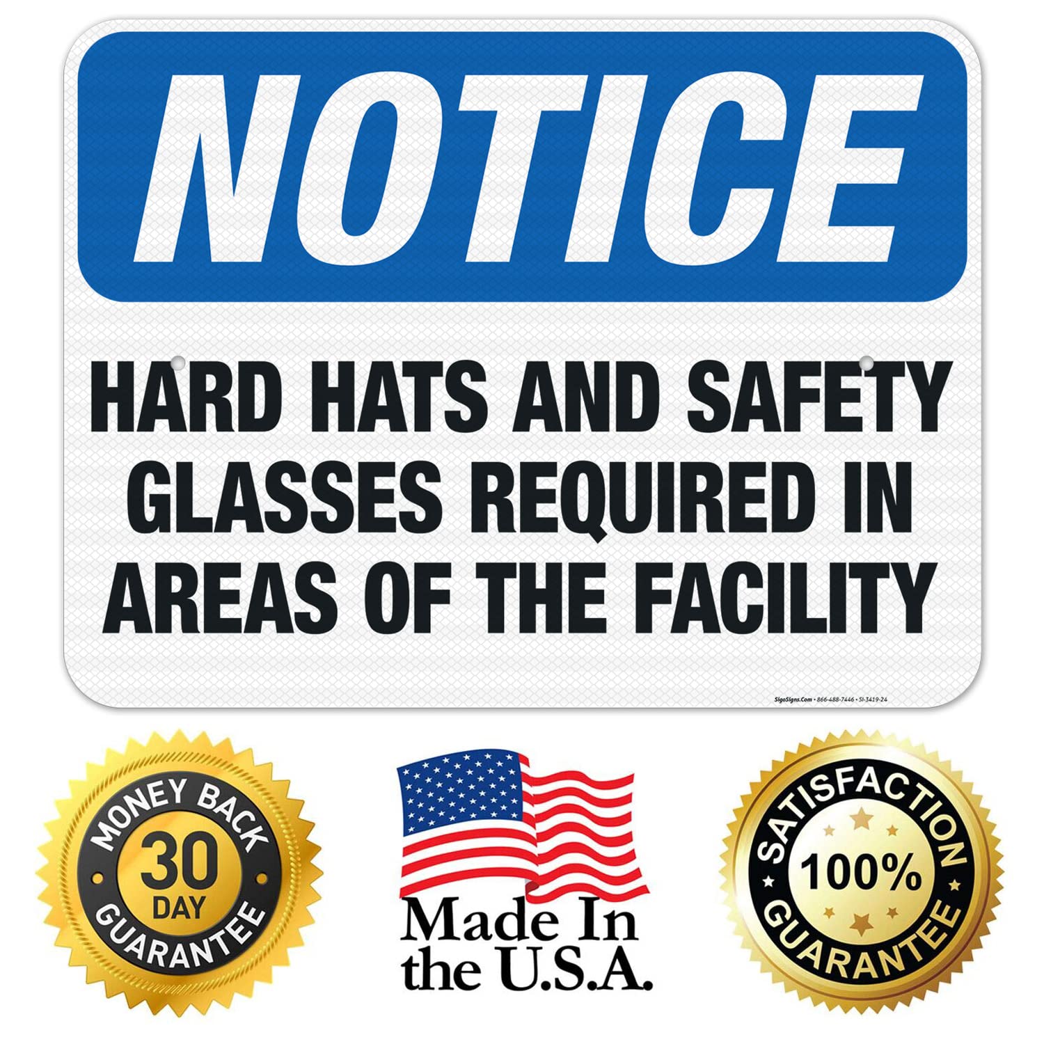 OSHA Compliant 'Hard Hats & Safety Glasses Required' Facility Sign - 18x24 Inch Reflective Aluminum Safety Sign for Construction Sites & Industrial Areas - 3M EGP .080 Aluminum, Weatherproof for Indoor/Outdoor Use - Made in USA