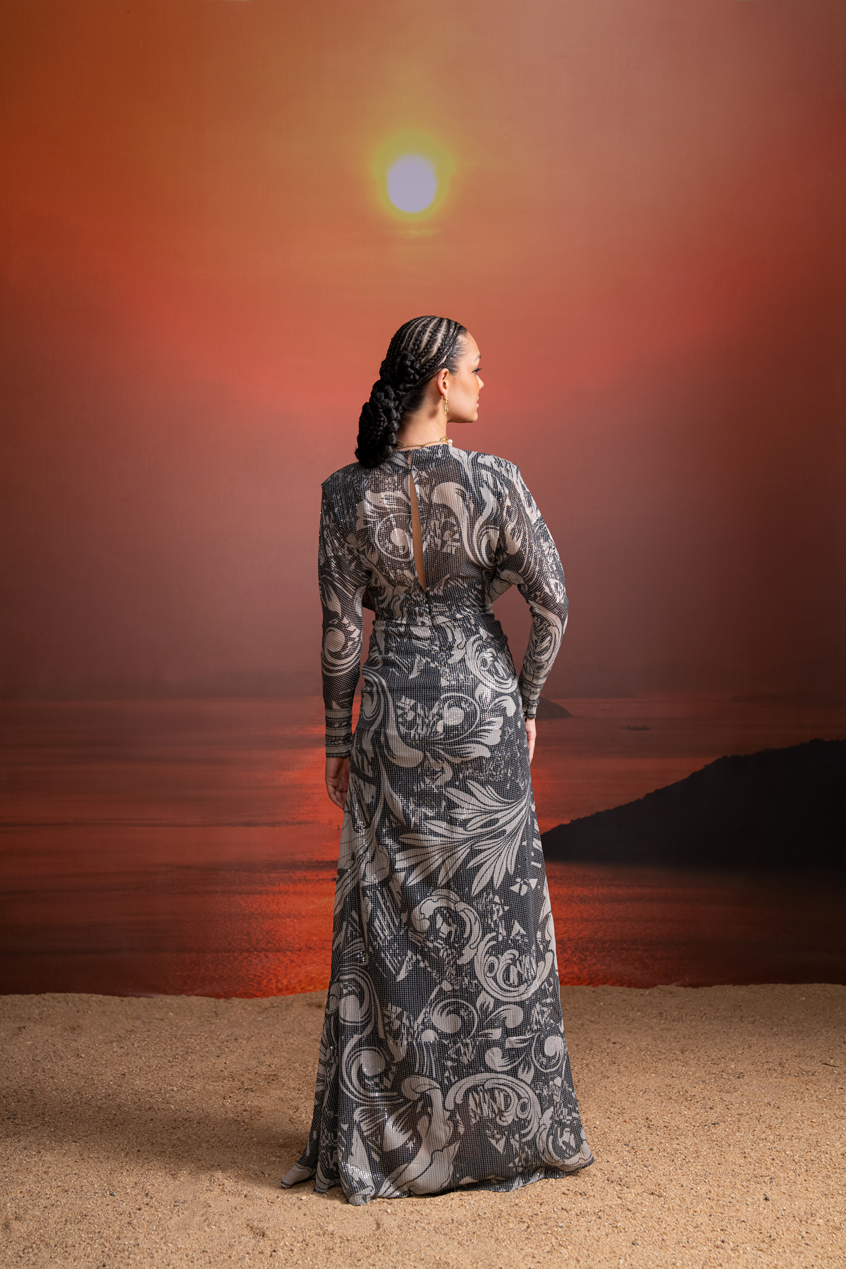 Elegant Noir Swirl Printed Sequin Draped Dress for Evening Parties, Prom & Special Occasions