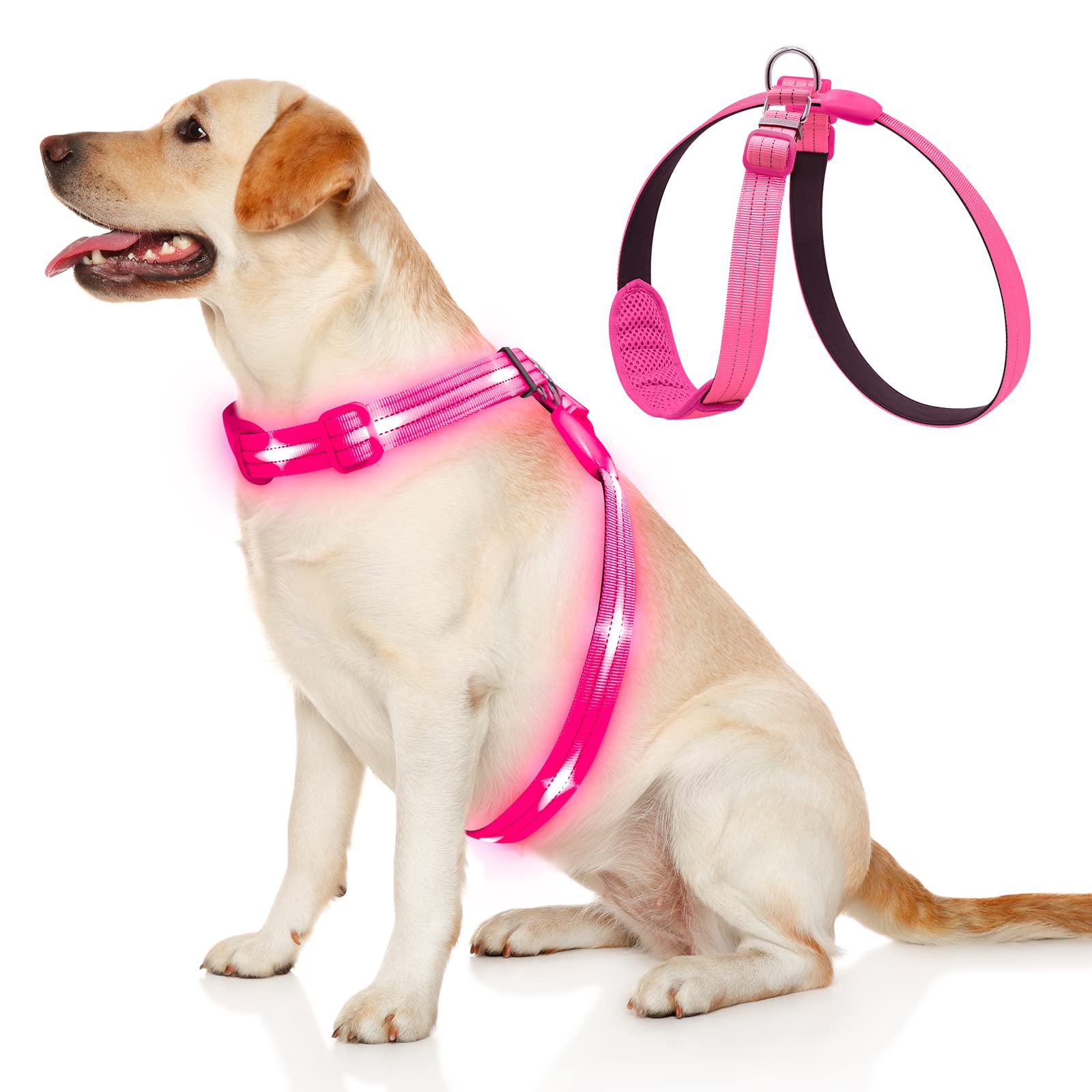 Rechargeable LED Dog Harness with Reflective Strips - Glow in The Dark Light Up Vest for Night Walking (Pink) - Perfect for Evening Walks, Jogging & Outdoor Adventures with Your Pet