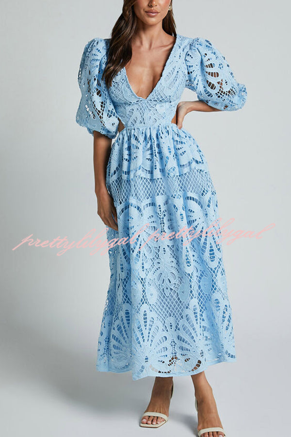 Elegant Solid Color V-Neck Lace Maxi Dress for Women - Sexy Hollow Out Waistless Long Dress for Summer, Beach, Party & Evening Wear