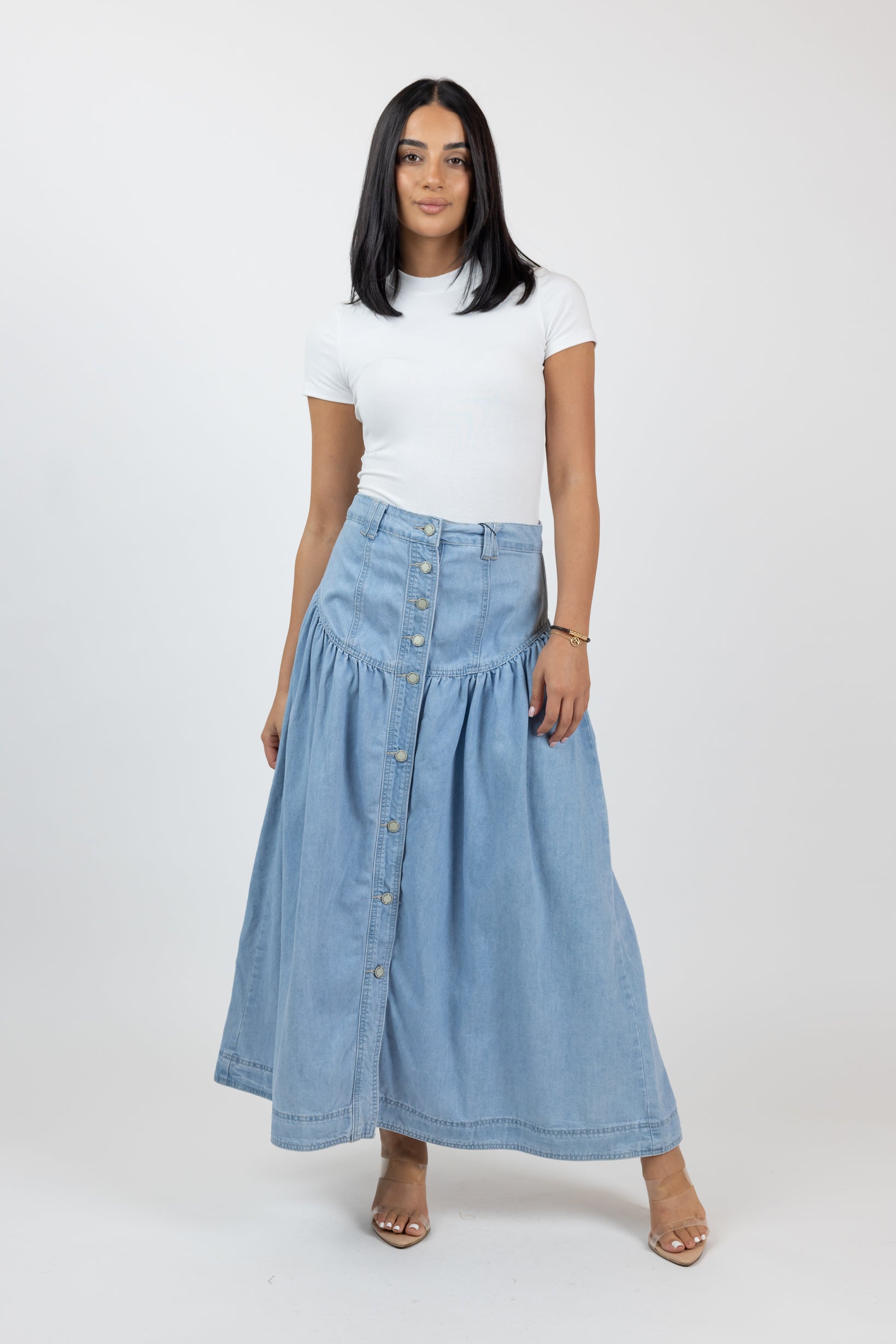 Liora Women's High Waist Denim Maxi Skirt - Stretchy Comfort Fit Long Denim Skirt for Casual Wear, Summer Outfits & Boho Style