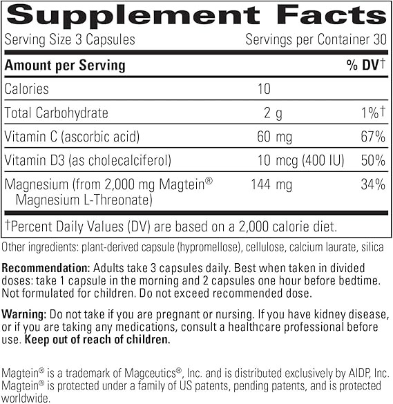 Integrative Therapeutics Magtein® Magnesium L-Threonate Supplement - Supports Memory, Focus & Cognitive Health - Ideal for Students, Professionals & Seniors