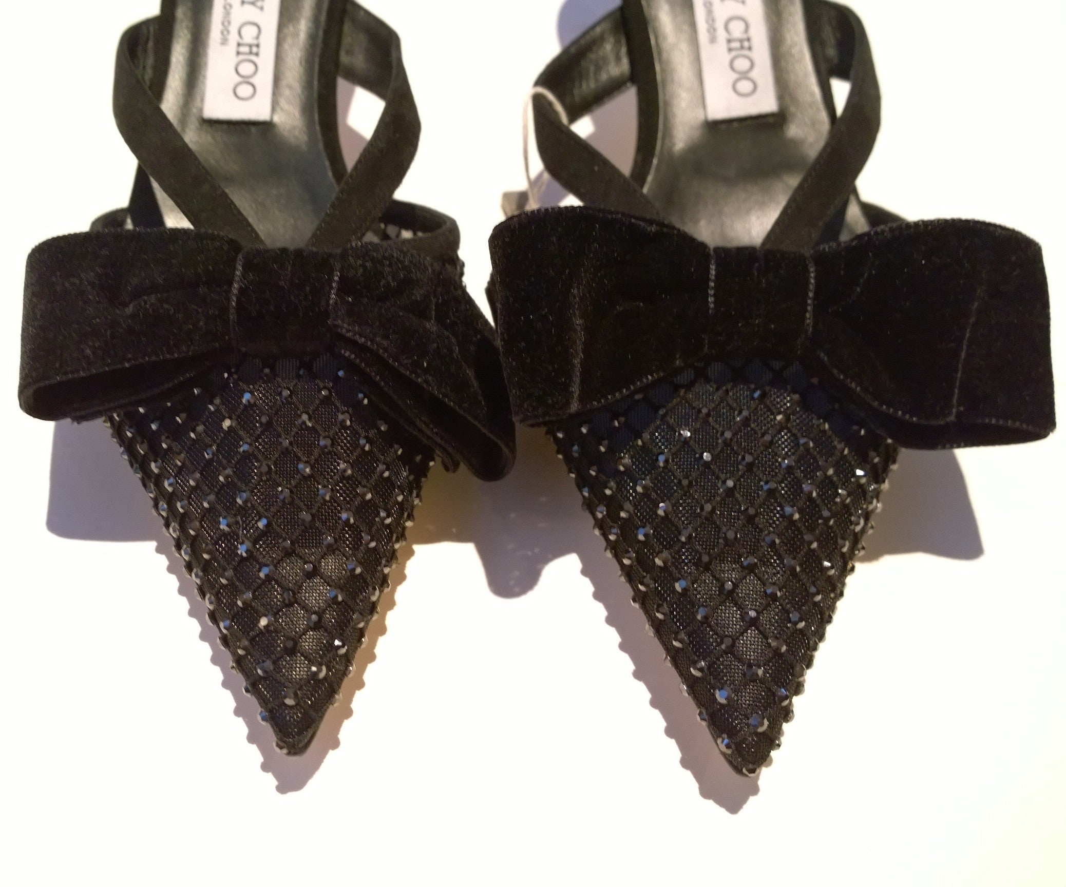 Jimmy Choo Flaca Mesh Rhinestone Velvet Bow Heels Mules - Black Women's Luxury Dress Shoes for Parties, Weddings & Evening Events