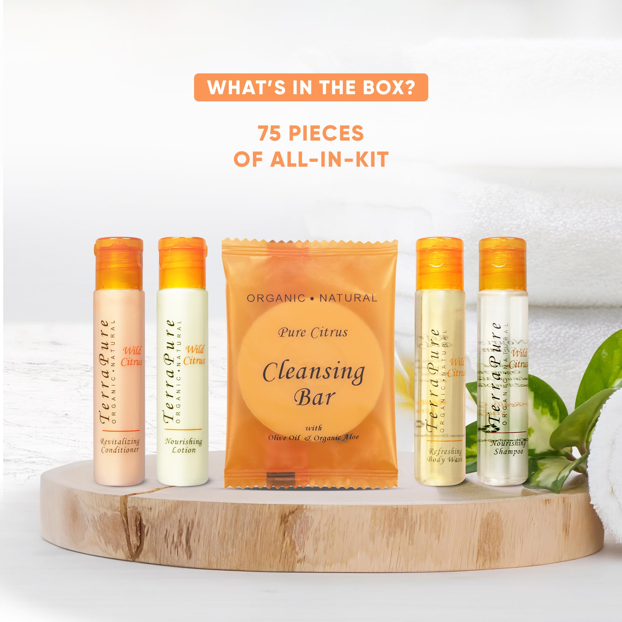 Terra Pure Wild Citrus Toiletries Set - 75 Piece Travel Amenities Kit with 1oz Shampoo, Conditioner, Body Wash, Lotion & Bar Soap | Perfect for Hotels, Spas, Gyms & Guest Bathrooms