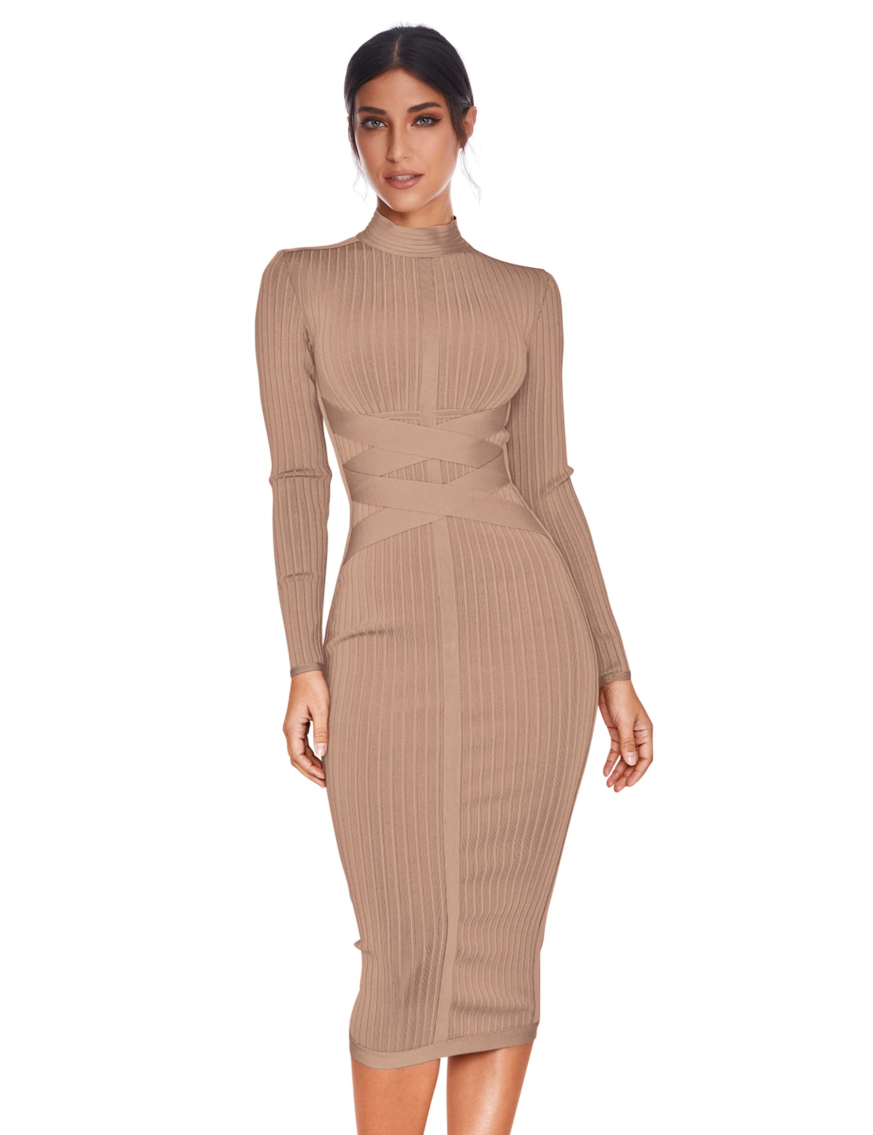 Sexy Women's Rayon Long Sleeve Bandage Bodycon Dress - Cross Strap Ribbed Club Party Midi Dress for Night Out, Date Night & Special Occasions
