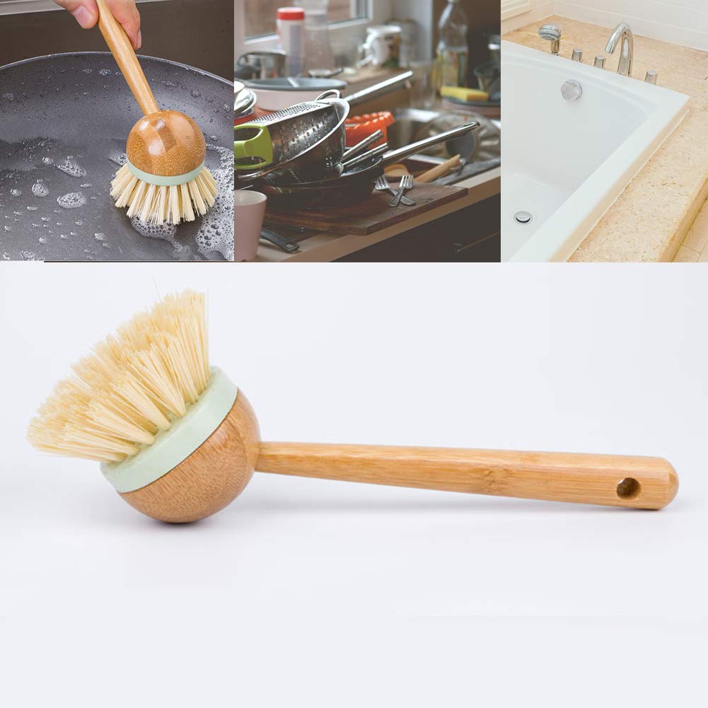 Long Handle Pan Pot Brush with Wooden Round Head - Heavy Duty Dish, Bowl & Tableware Cleaning Brush for Kitchen, Floor & Cookware - Perfect for Pots, Pans, Grills & Hard-to-Reach Areas