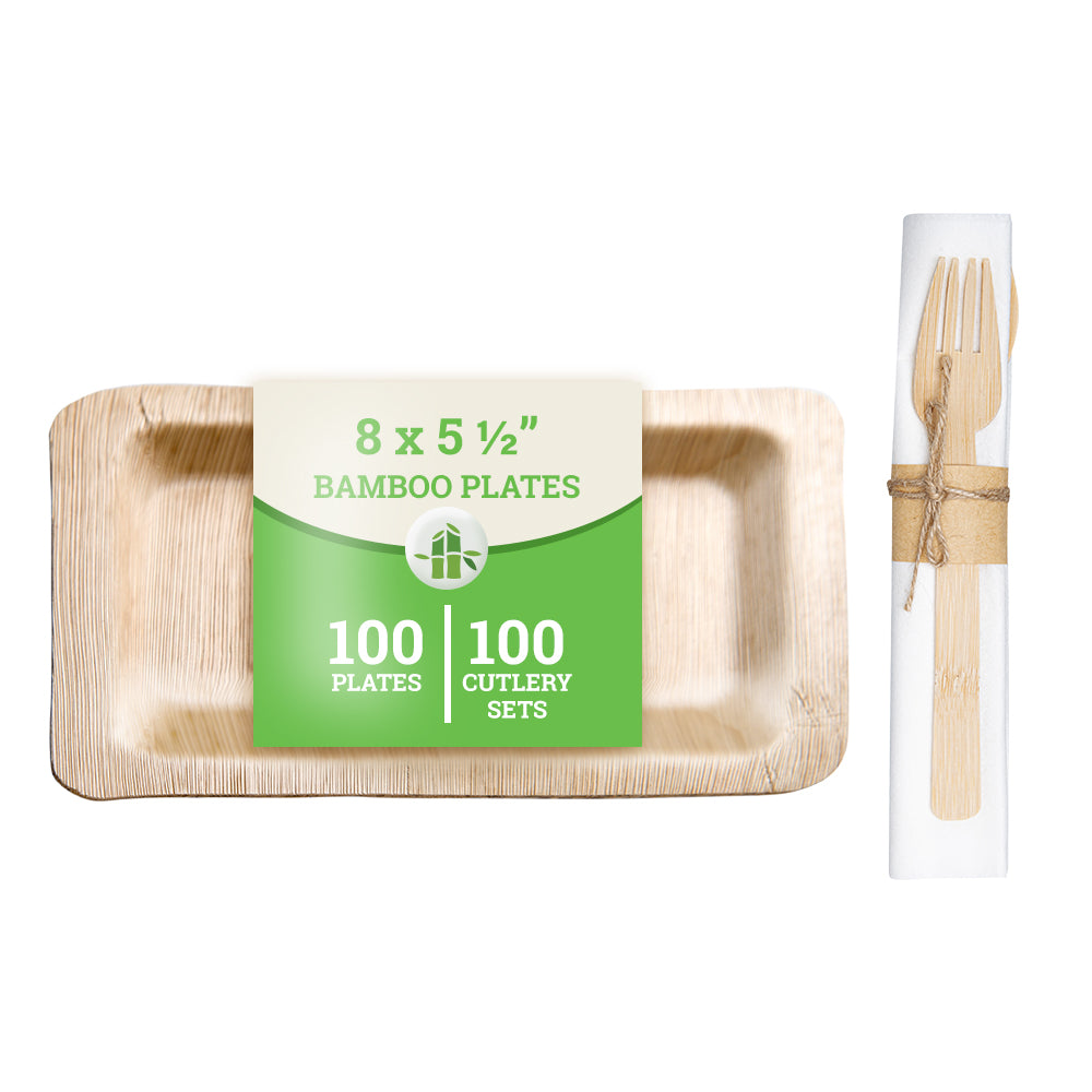 100-Pack Eco-Friendly Bamboo Plates & Flatware Set | Biodegradable Rectangle Dinnerware for Parties, Picnics, and Events | Sustainable Disposable Plates and Cutlery Combo