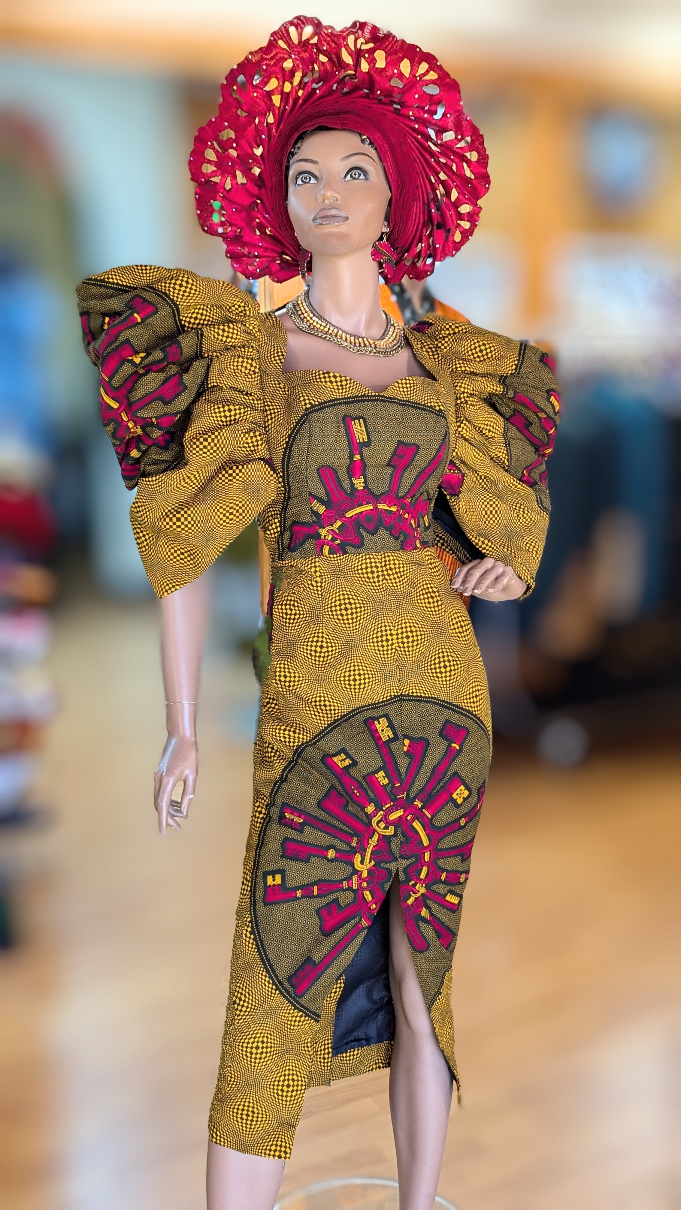 Stylish African Print Ankara Dress with Oversized Sleeves & Keys Pattern - DPAPDK32 - Perfect for Parties, Weddings & Cultural Events