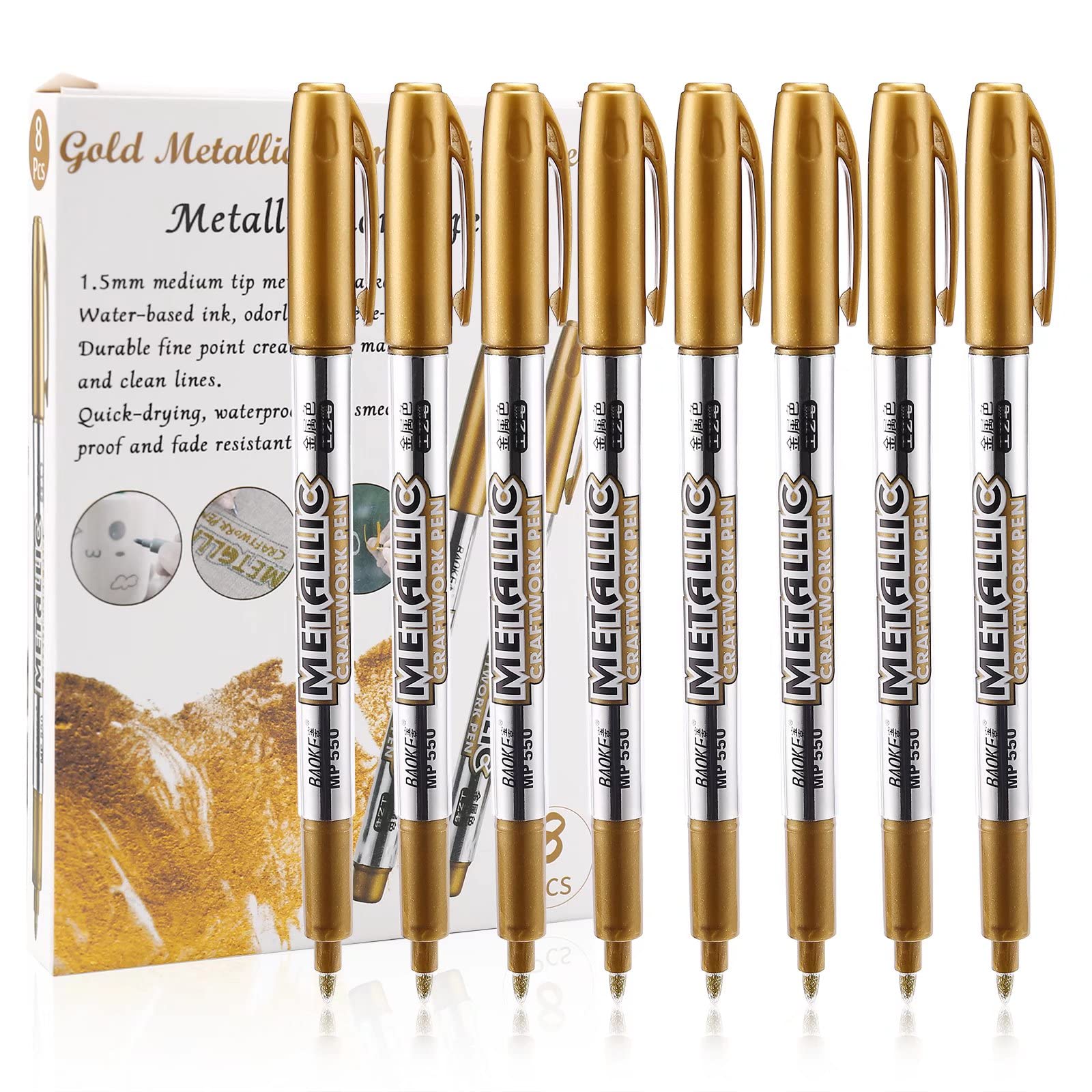 LOONENG Metallic Gold Markers - Fine Point Permanent Gold Marker Pens for Adult Coloring, Black Paper, Scrapbooking, Artist Illustration, DIY Crafts, Gift Card Making, Fabric Painting & Photo Albums - 8 Pack - Perfect for Calligraphy, Bullet Journaling & Holiday Card Decorations