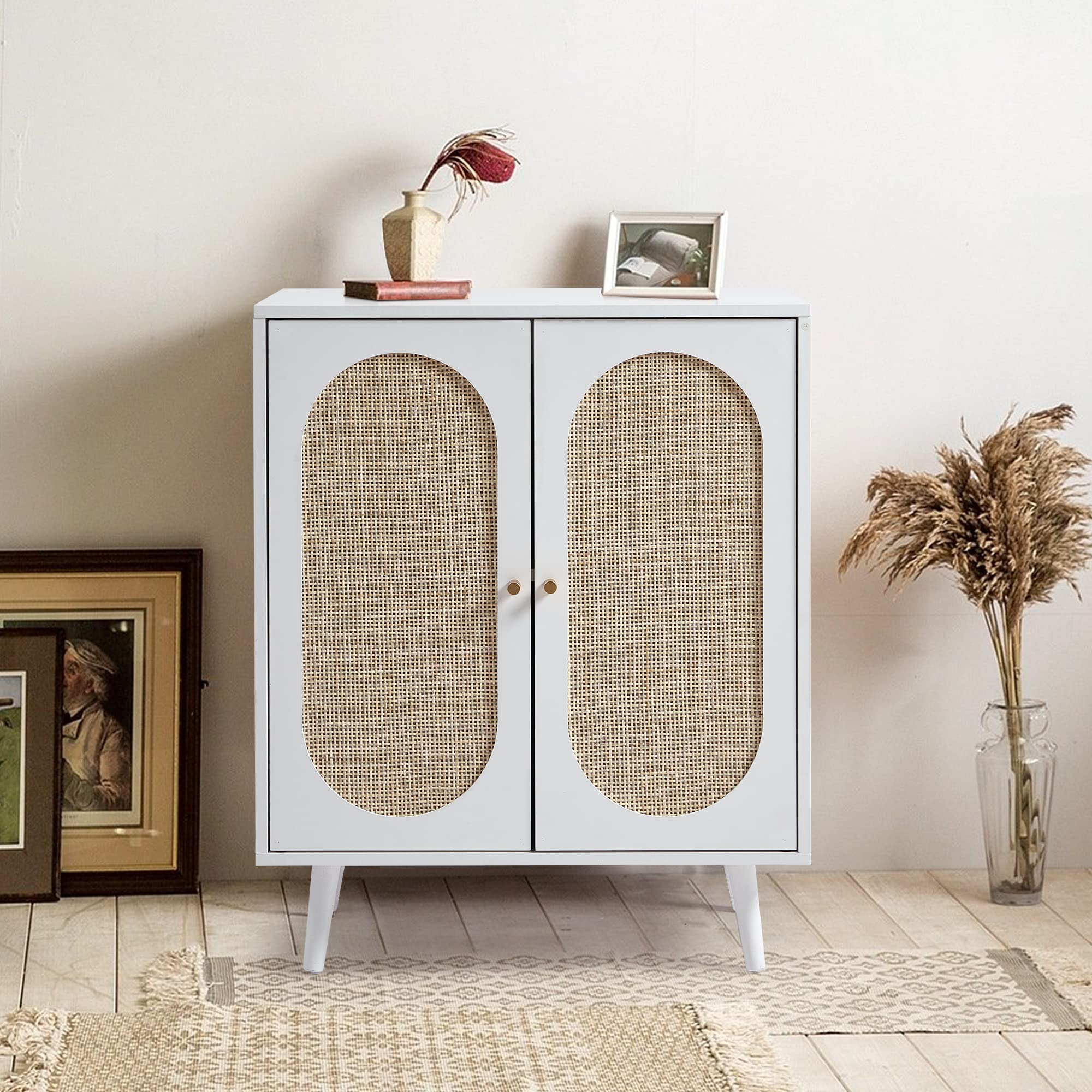 QHITTY White Rattan Sideboard Buffet Cabinet with Adjustable Shelves - Stylish Kitchen Storage, Living Room, Dining Room, Bedroom Accent Console Table for Home Decor