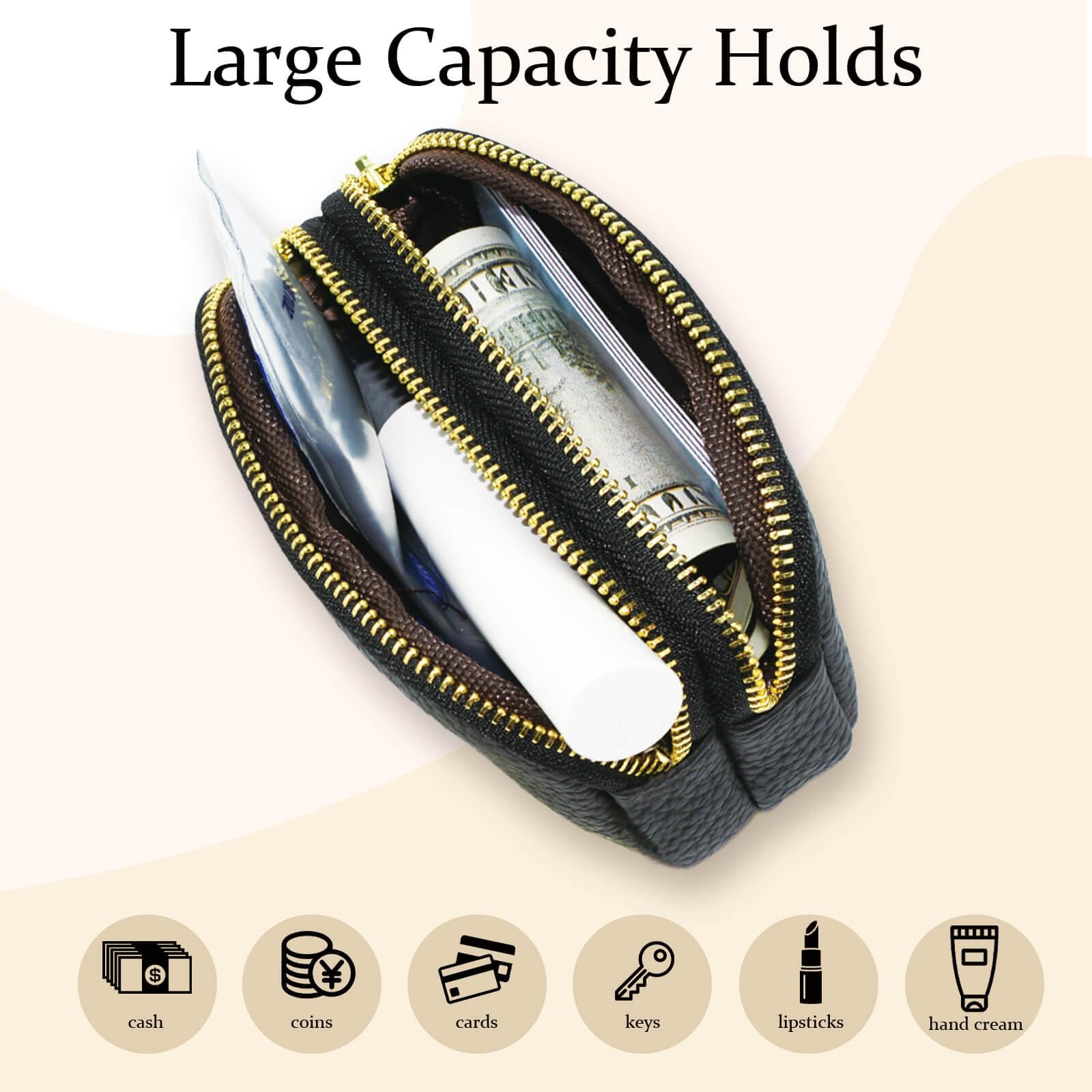 WOZEAH Leather Coin Purse for Women - Small Zipper Wallet with Key Ring for Cash & Cards (Black) - Perfect for Travel & Daily Use