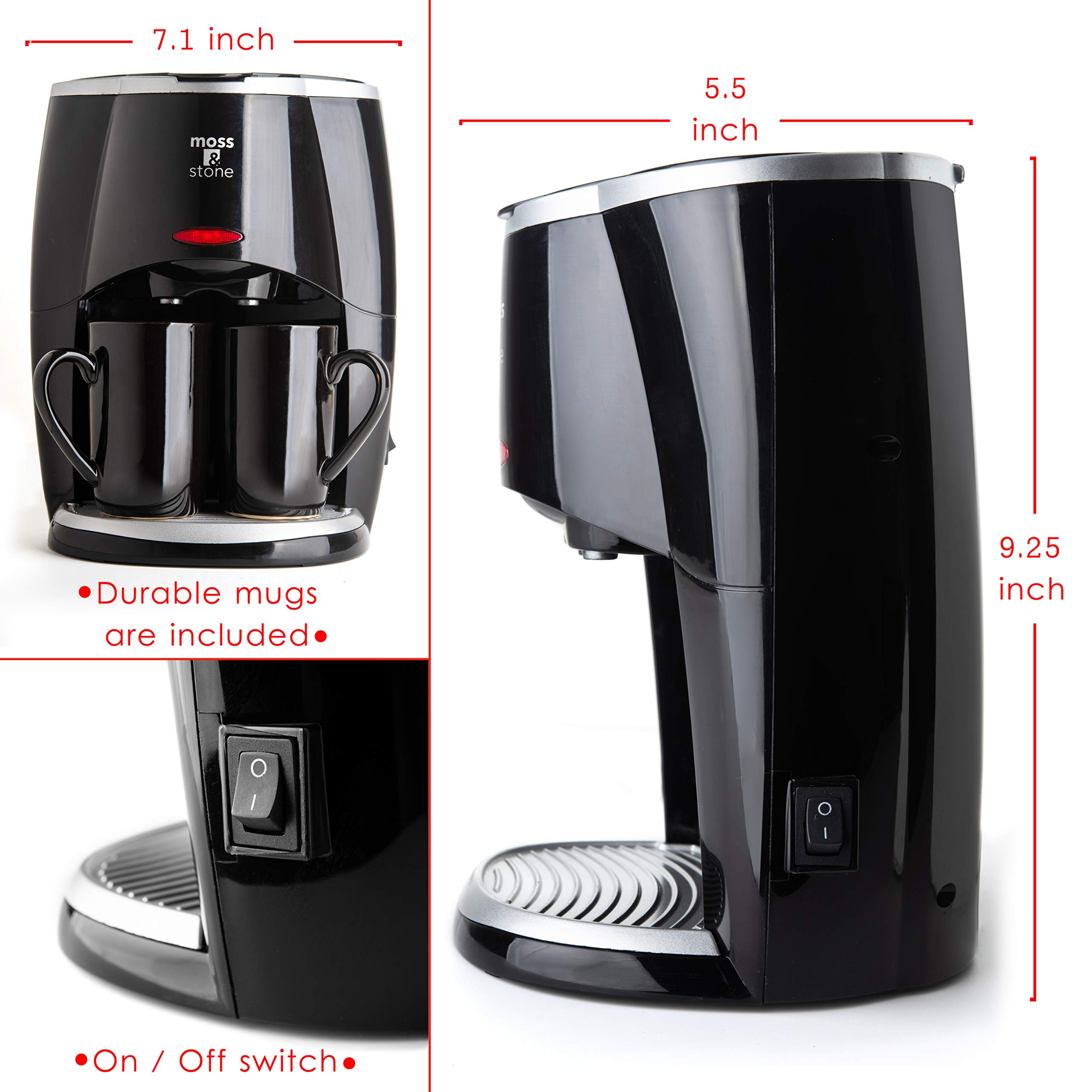 Mini Drip Coffee Maker with 2 Glass Mugs (5 oz) - Compact Coffee Pot for Home, Office & Travel - Perfect for Single Serve Brewing & Small Spaces