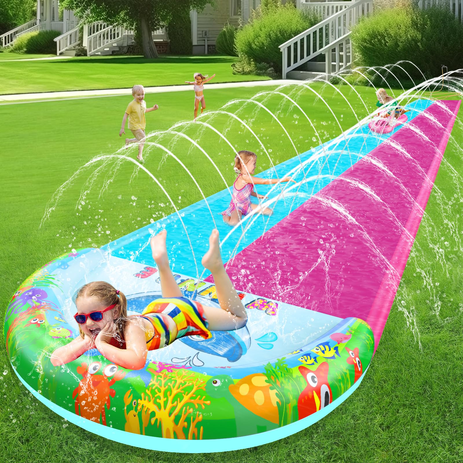 33FT x 6FT Extra Long Double Lane Inflatable Water Slide for Kids & Adults - Heavy Duty Backyard Water Park with Sprinkler System, 2 Inflatable Bodyboards & Safety Crash Pad - Perfect for Summer Parties, Family Gatherings & Outdoor Water Play Activities