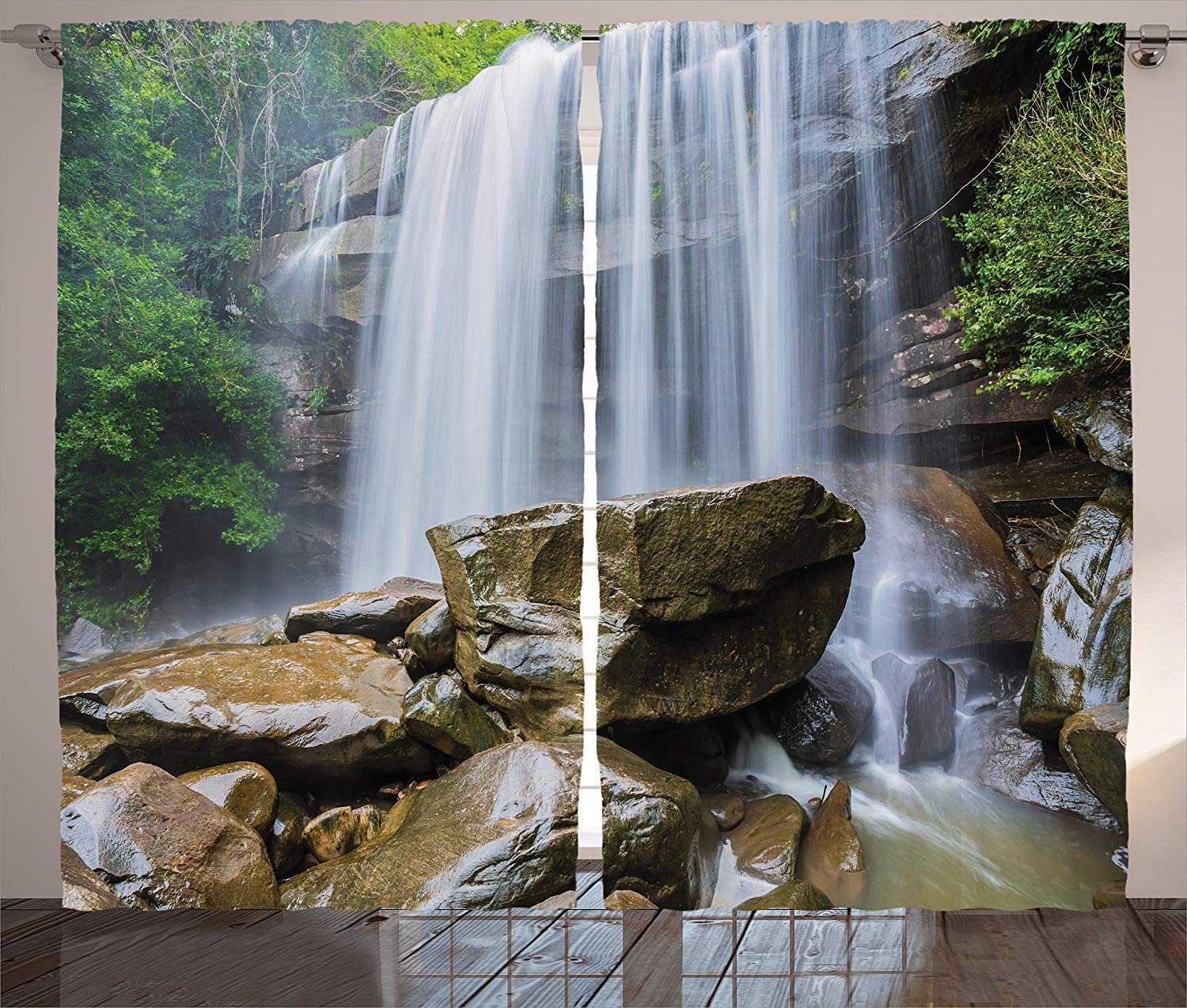 Thermal Insulated Blackout Curtains with Waterfall, Rocks & Tropical Plant Artwork - 52