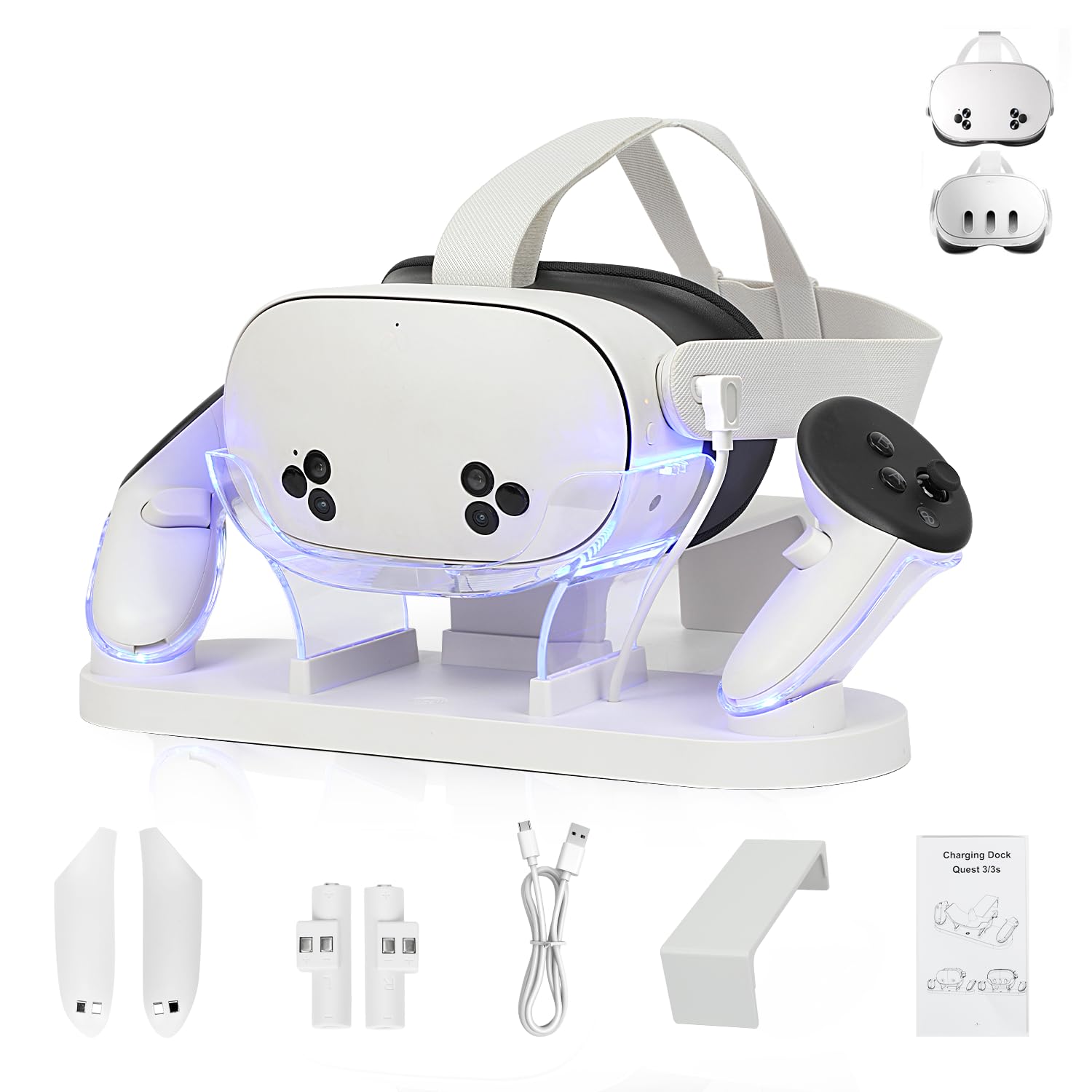 Meta Quest 3S/Quest 3 Charging Dock with 2 Rechargeable Batteries - Fast USB-C Charging for Headset & Controllers (2-3 Hours) - Perfect for VR Gaming & Entertainment