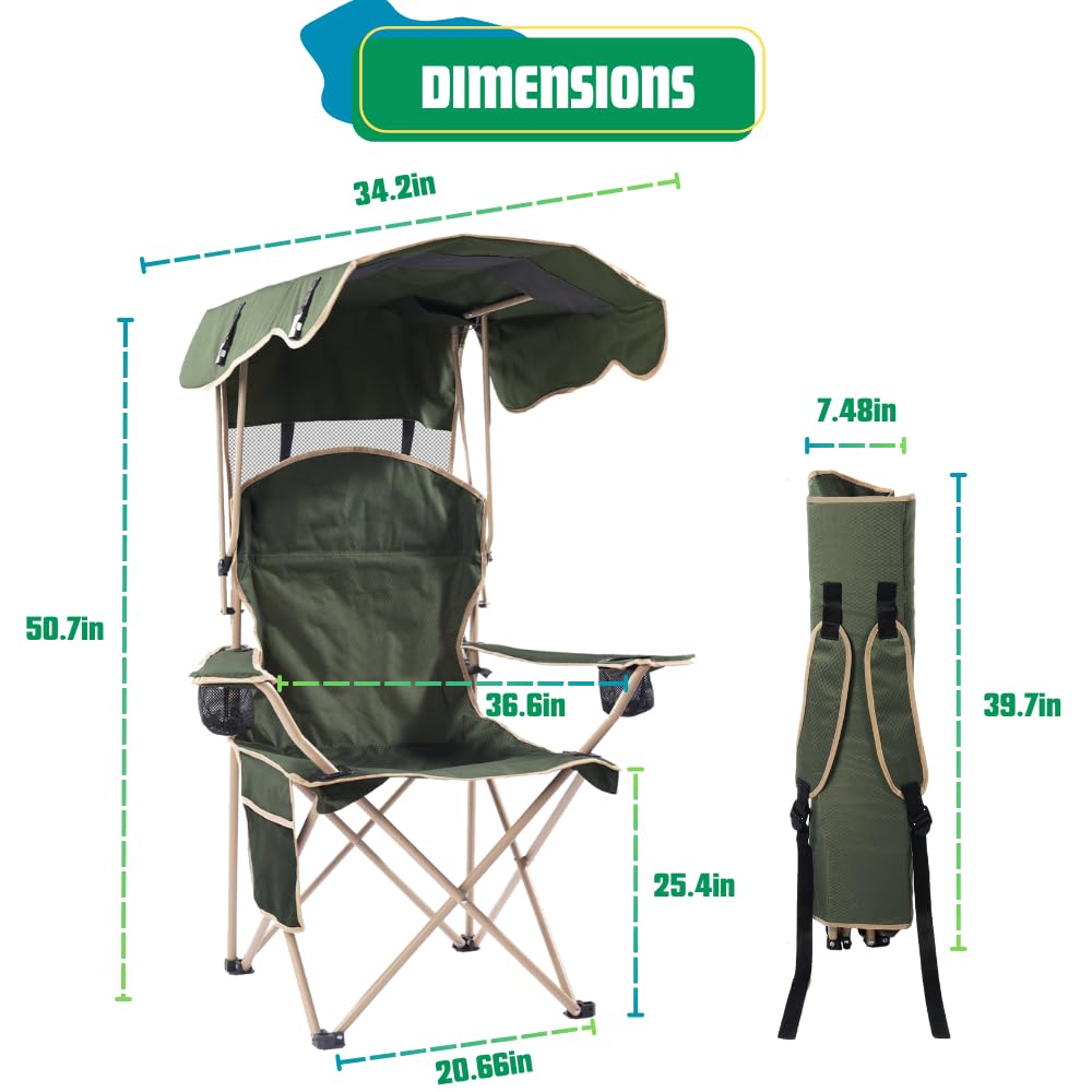 EZONE Folding Canopy Camp Chair - Portable Outdoor Shade Chair for Camping, Beach, Pool, Tailgating & Travel - UPGRADED Sunshade Lawn Chair with Adjustable Canopy (Olive Green) - Perfect for Picnics, Backyard Relaxation & Outdoor Adventures