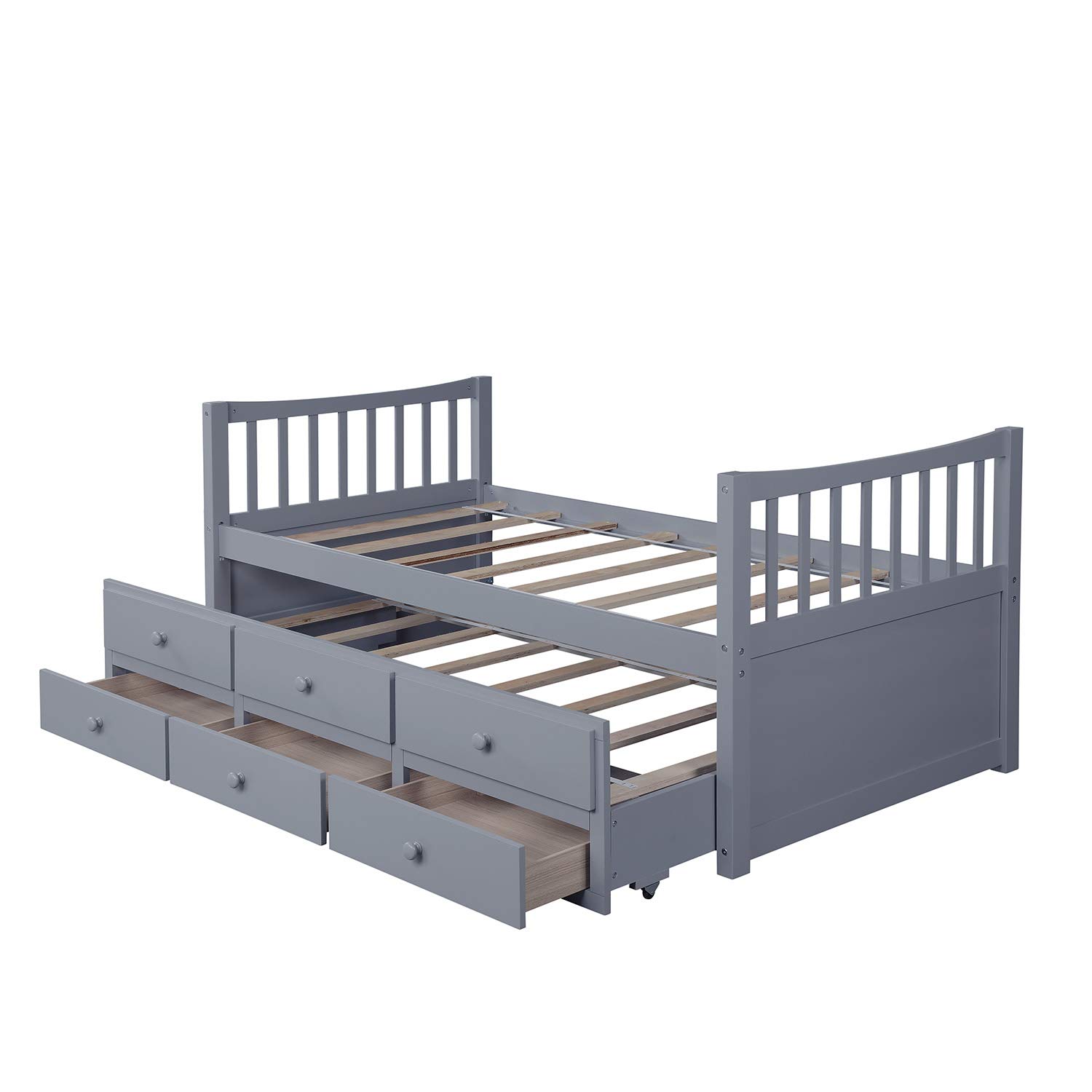 KLMM Solid Wood Twin Daybed with Trundle Bed & Storage Drawers - No Spring Required, Easy Assembly (Gray) | Perfect for Guest Rooms, Kids' Bedrooms & Small Spaces