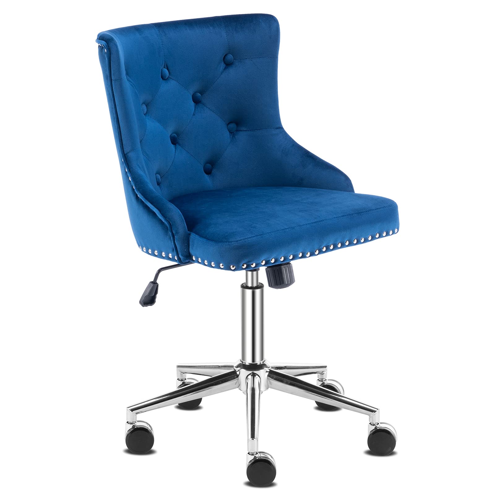 VINGLI Navy Blue Velvet Armless Office Chair with Gold Base & Wheels - Adjustable Swivel Rolling Desk Chair for Women, Girls Bedroom, Vanity Makeup & Nail Salon - Comfortable Upholstered Seat for Home Office & Beauty Station