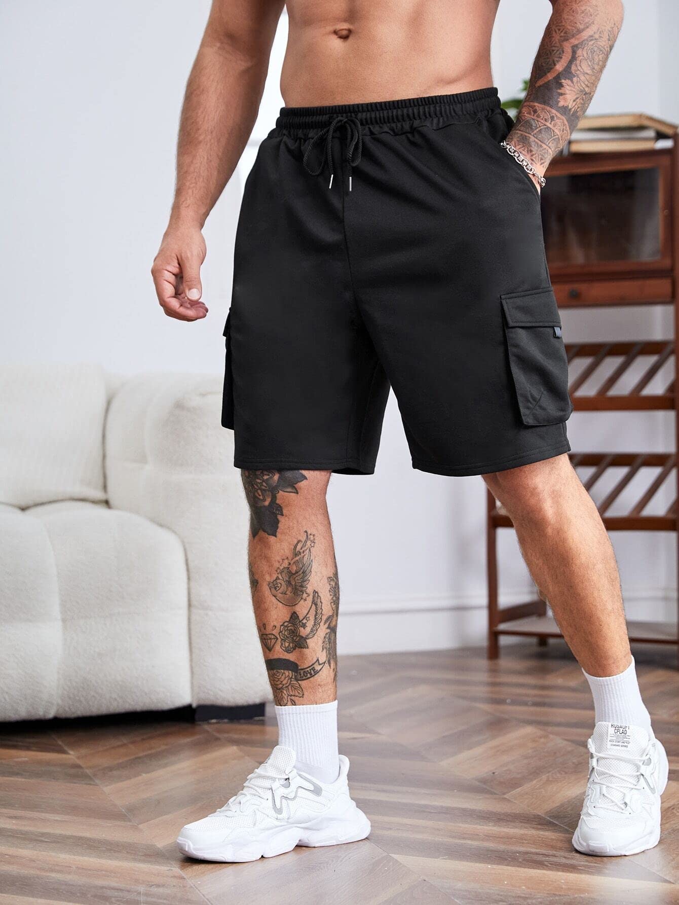 HDZWW Men's Casual Shorts with Slant Pockets & Drawstring Waist - Extended Sizes Up to 3XL - Breathable Summer Athletic Shorts for Running, Gym, Beach & Outdoor Activities (Black)