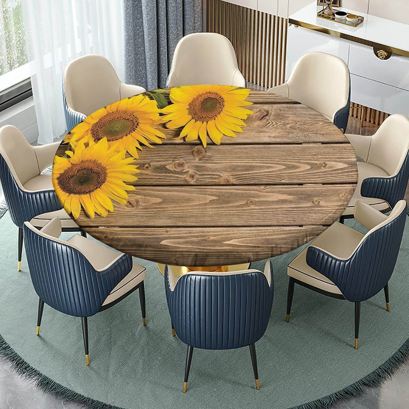 Sunflower Fitted Tablecloth Round 60 Inch - Elastic Edge Wood Grain Country Style Table Cover for Kitchen Dining Room, Outdoor Picnic Party & Decorative Use