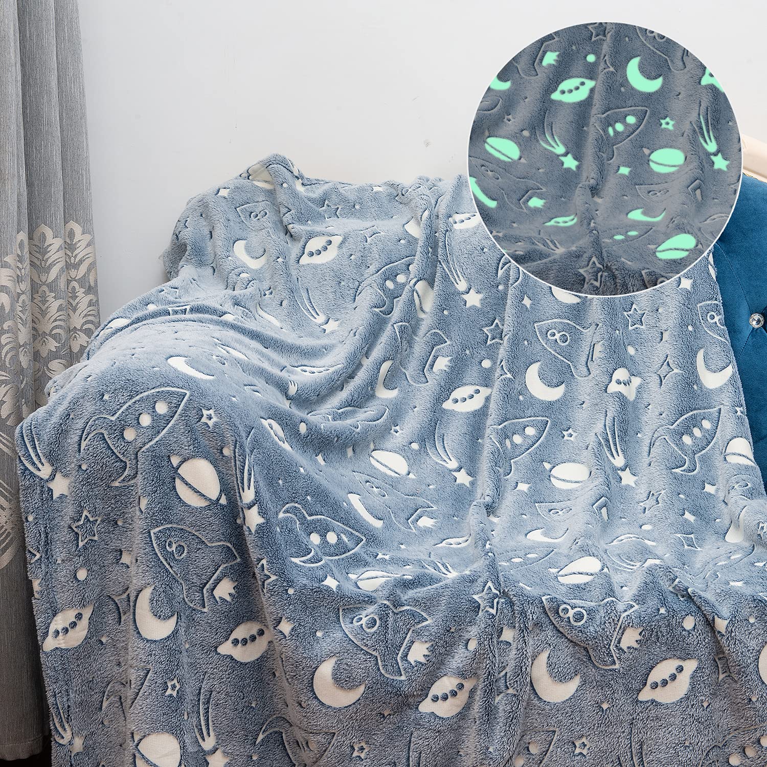 Glow in The Dark Space Rocket & Unicorn Fleece Throw Blanket - Soft Cozy 60x50 Inch Luminous Blanket for Bedroom, Couch & Camping - Perfect Gift for Kids & Adults