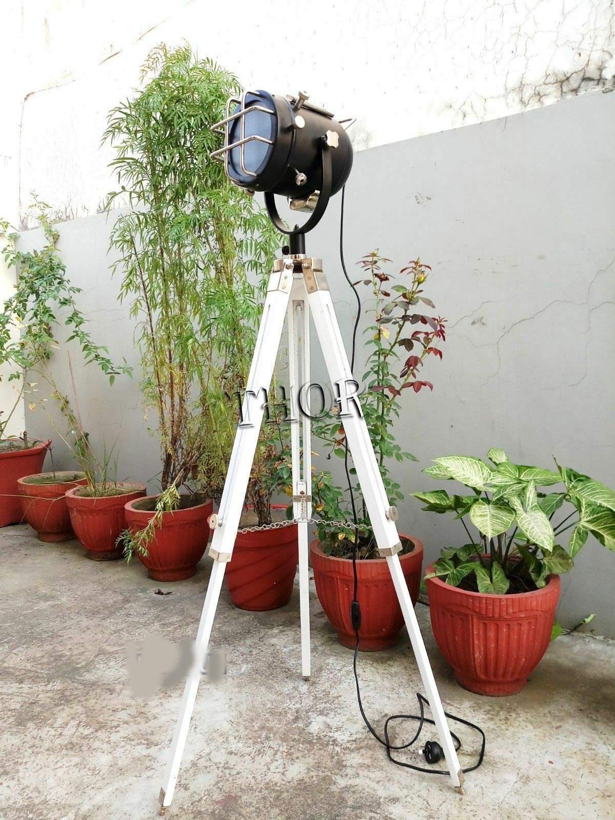 Vintage Nautical Black Searchlight Floor Lamp with White Wooden Tripod - Rustic Home Decor, Spot Light for Living Room, Bedroom & Office - Perfect Gift for Vintage Lovers
