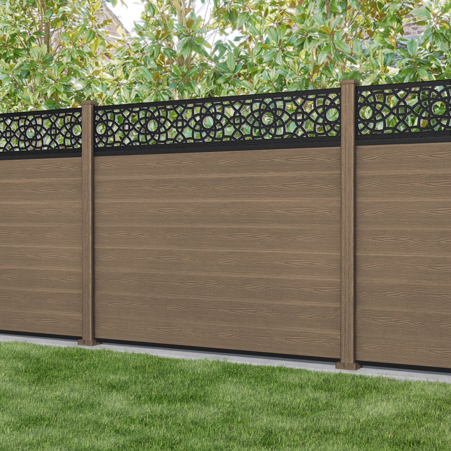 Premium Teak Classic Amber Fence Panel with Composite Posts - Durable Outdoor Privacy Fence for Garden, Patio, and Backyard Landscaping