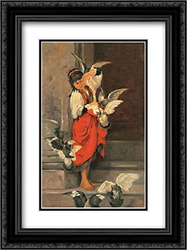 Polychronis Lembesis 'The Girl With Pigeons' 18x24 Inch Black Ornate Framed Art Print with Double Mat - Vintage Wall Decor for Living Room, Bedroom & Office