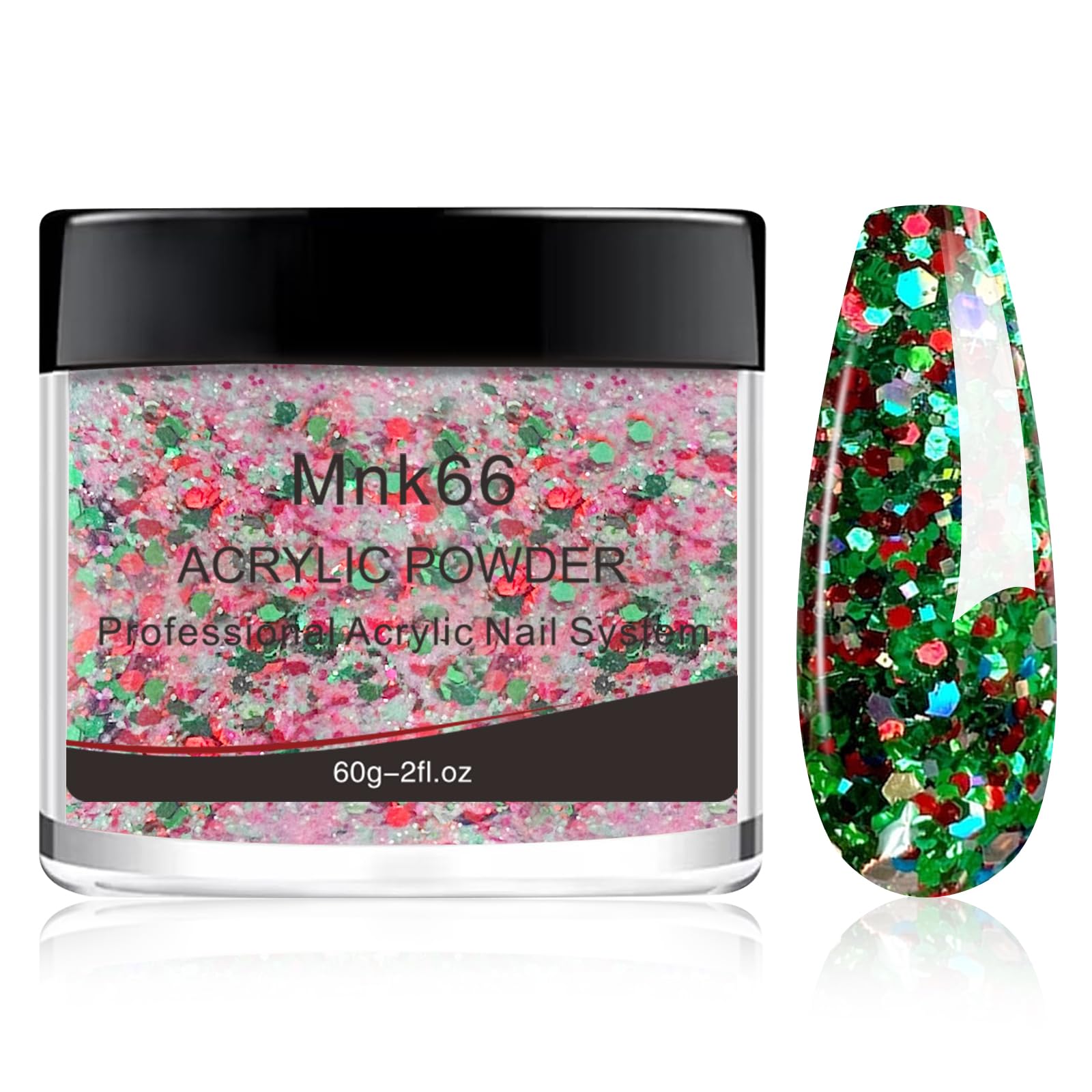 Professional Red & Green Christmas Glitter Acrylic Powder for Nail Extensions, French Nail Art, 3D Flowers & Nail Carving - 60g (YSHUJF012) | Perfect for Holiday Parties, Bridal Nails & DIY Manicures
