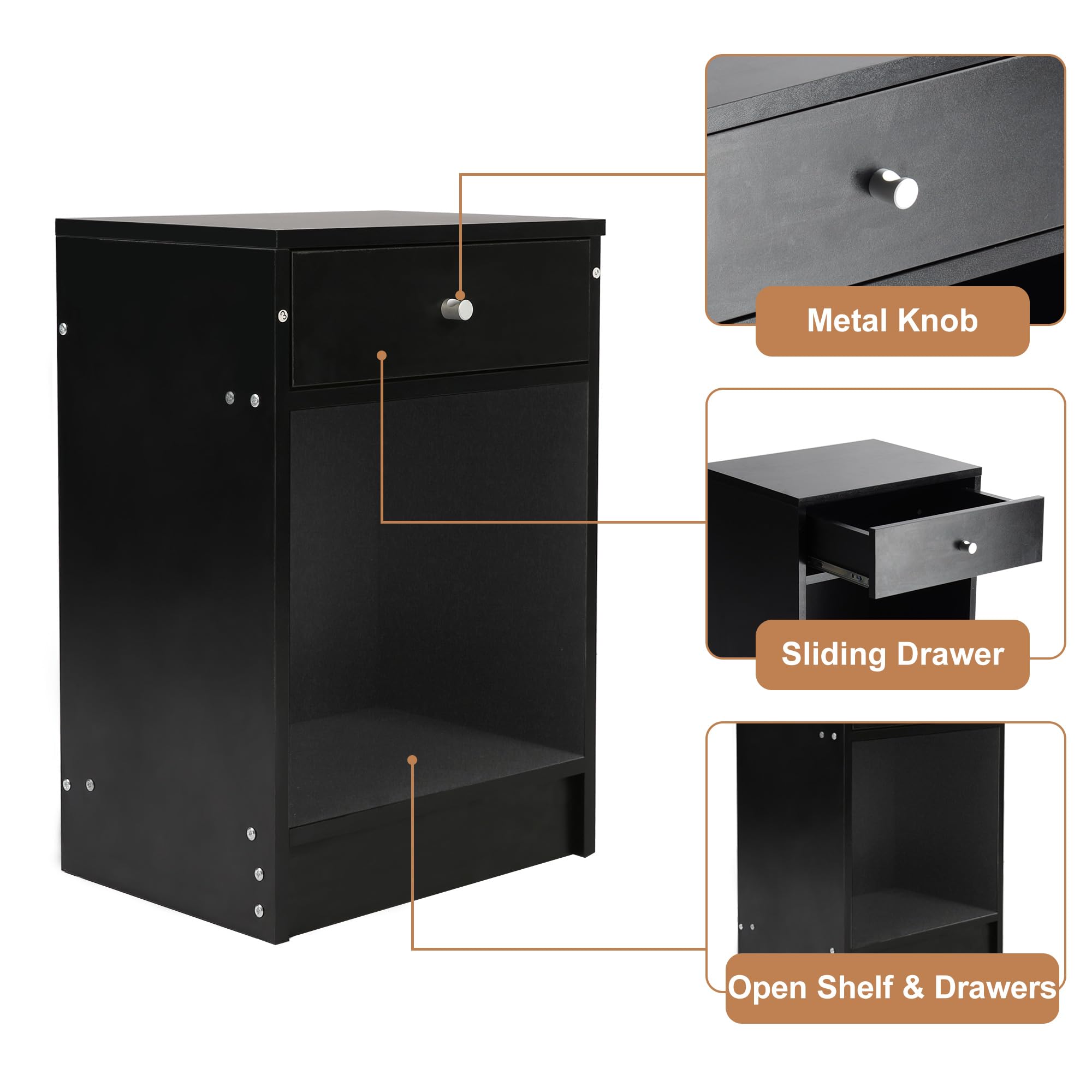 Modern Nightstand Set of 2 with Drawer & Open Shelf - Solid Wood Bedside Tables for Bedroom, Living Room End Tables - Perfect for Storing Books, Lamps & Bedroom Essentials (Black)
