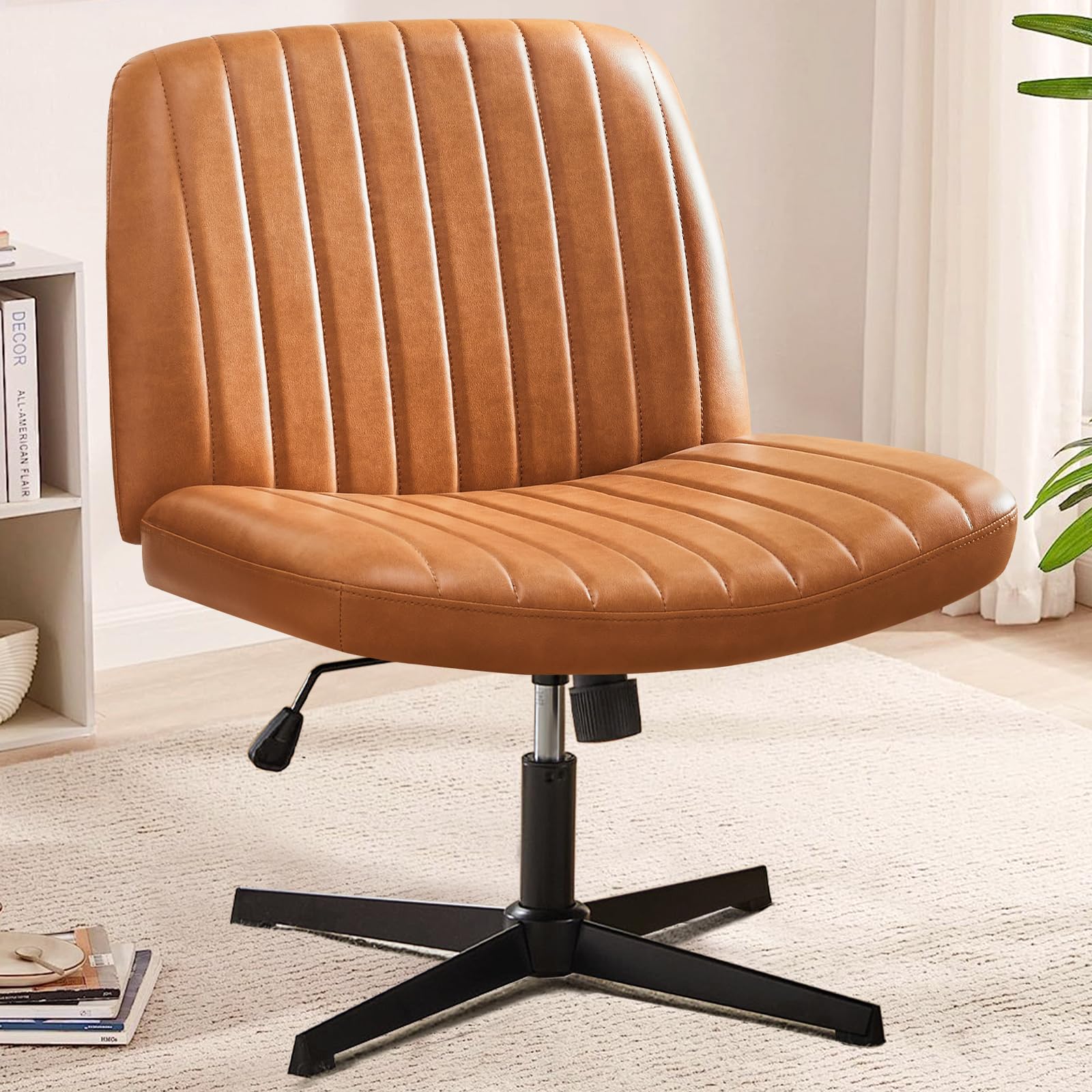 Sweetcrispy Cross Legged Office Chair - Armless Wide Desk Chair Without Wheels, Adjustable Swivel Home & Vanity Chair for Small Spaces | Perfect for Home Office, Study Room, Dormitory & Makeup Station