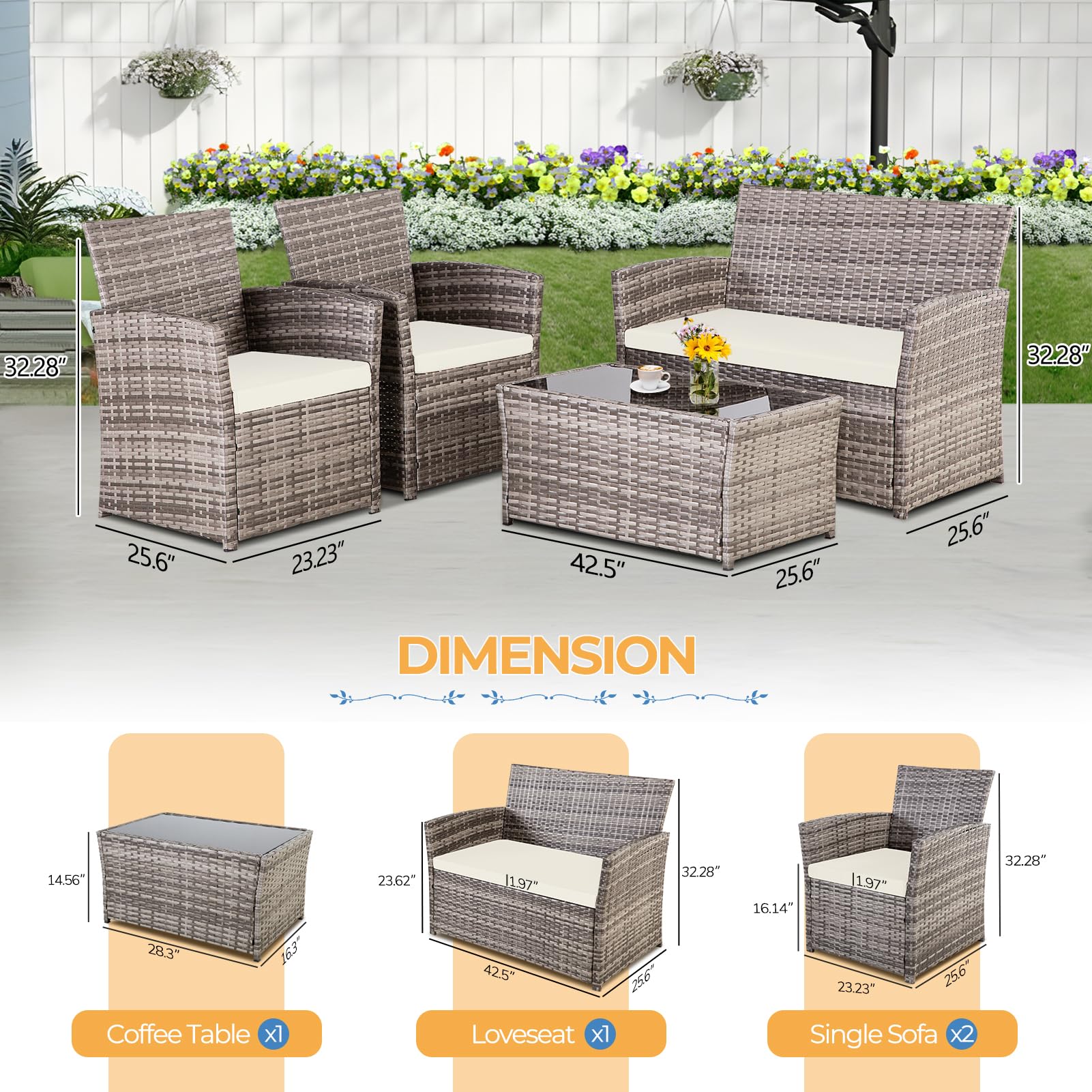4-Piece Outdoor Patio Furniture Set - All-Weather Wicker Rattan Conversation Set with Table, Chairs & Loveseat Cushions for Balcony, Porch, Backyard (Gray-Beige) | Perfect for Garden Relaxation & Outdoor Entertaining