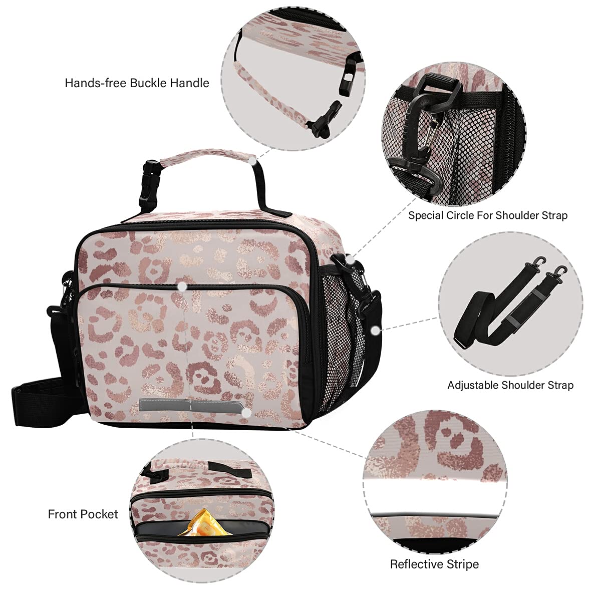 Elegant Rose Gold Leopard Insulated Lunch Bag for Women & Men - Adjustable Shoulder Strap, Leakproof Lunch Tote for Work, Office, School, Picnic & Outdoor Activities - Keep Food Fresh & Stylish All Day