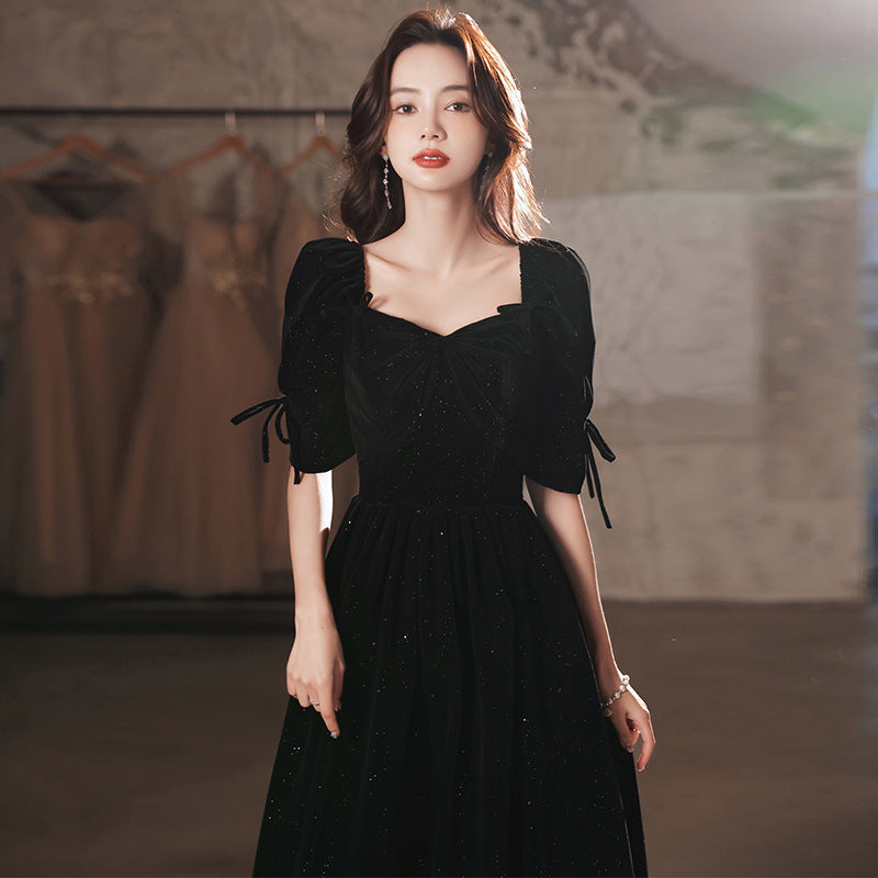 Elegant A-Line Velvet Long Prom Dress with Mid Sleeves - Black Formal Evening Gown for Homecoming, Wedding Guest, Cocktail Party & Special Occasions