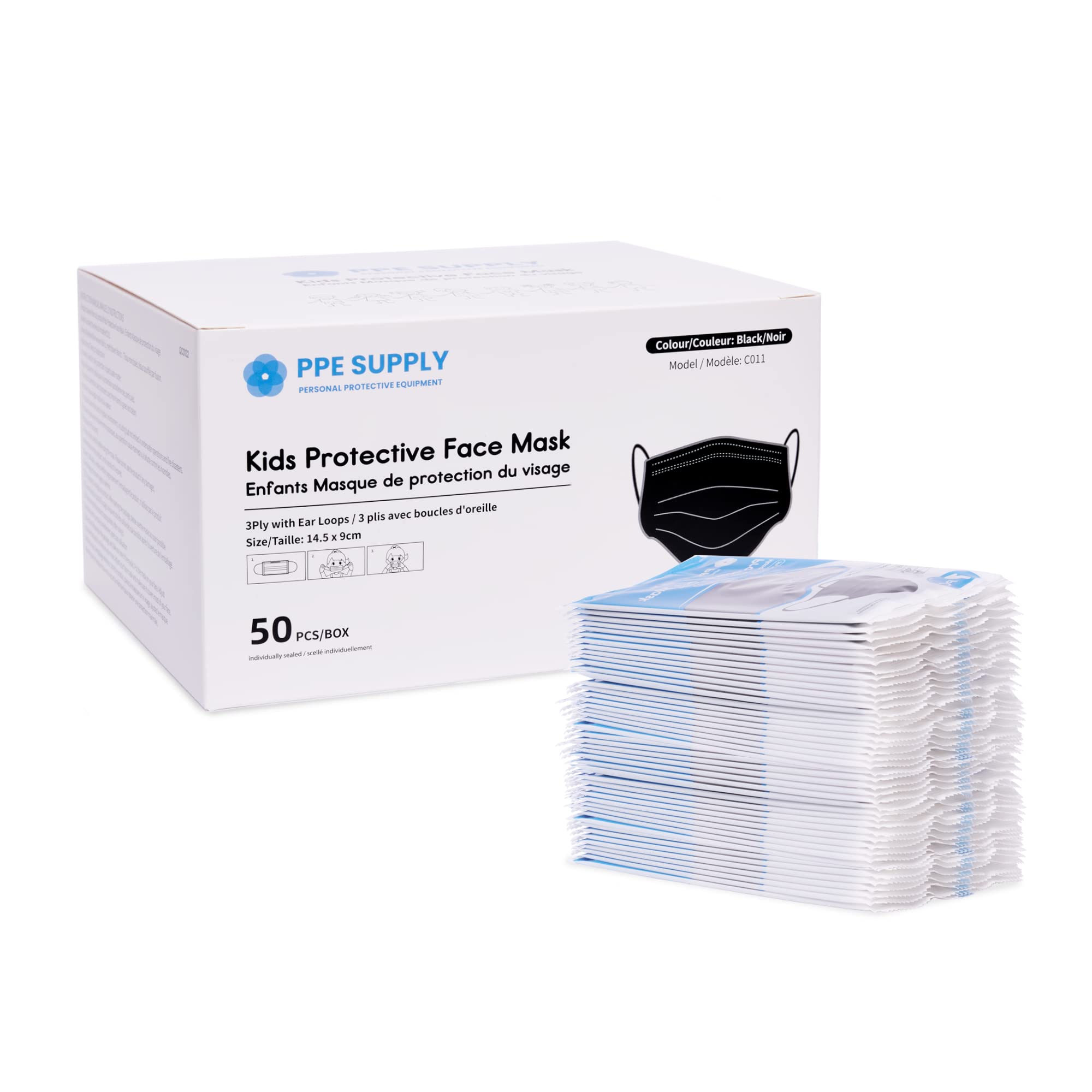 50-Pack Kids Disposable 3-Ply Black Face Masks - Individually Wrapped & Sealed - Comfortable & Breathable for School, Travel & Daily Protection