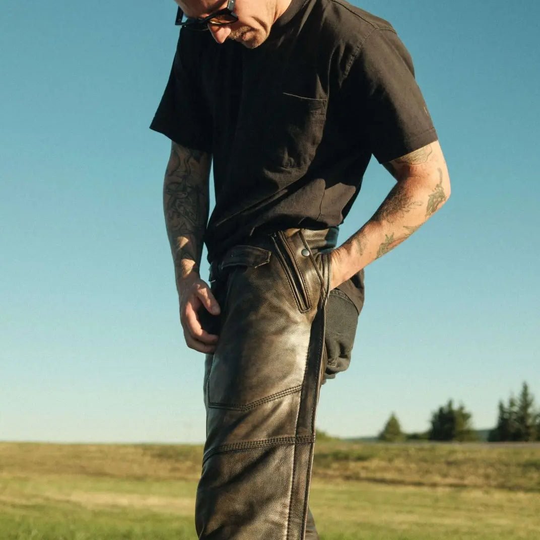 Open Road Men's Distressed Brown 4-Pocket Premium Leather Chaps for Motorcycle Riding, Biker Fashion & Cowboy Style