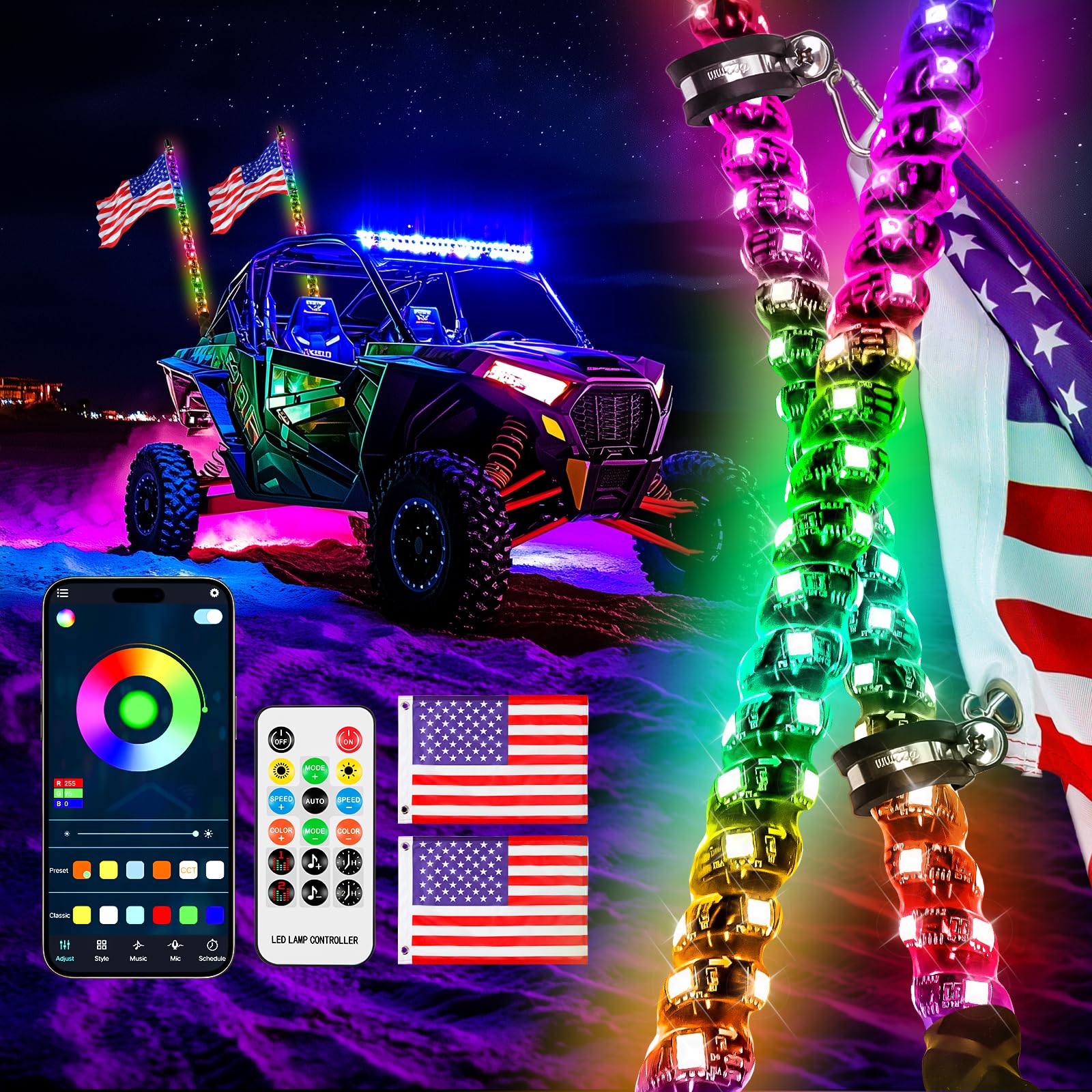 DREAMIZER LED Whip Lights for ATV UTV - 3ft Spiral Rock Lights with Flags for RZR Can-Am X3 Ranger Wrangler JK - 2 Pack - Perfect for Off-Roading, Night Riding & Trail Adventures