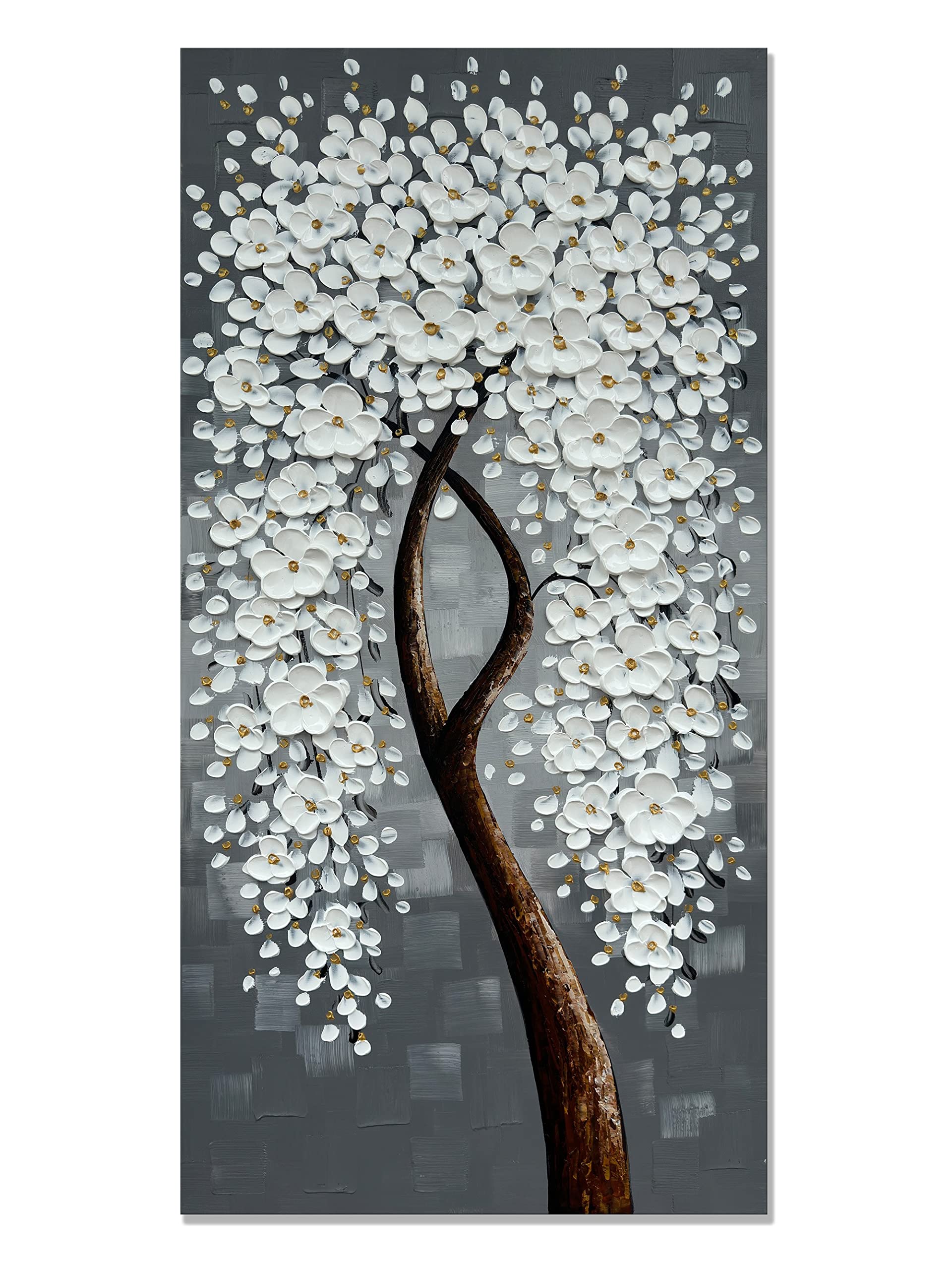 Zoinart Vertical Abstract 3D Modern Oil Painting on Canvas - Handmade Floral Wall Art with White Flowers for Living Room, Bedroom & Office Decor - Contemporary Home Artwork for Modern Interior Design