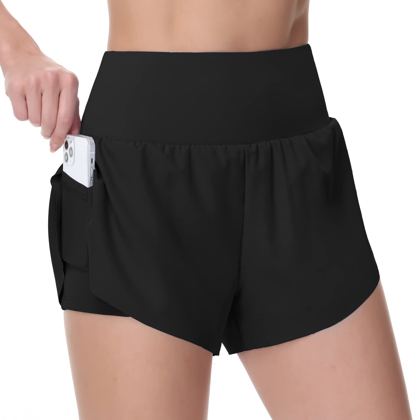 THE GYM PEOPLE Women's High Waist Quick Dry Running Shorts with Mesh Liner & Zipper Pockets - Breathable Workout Shorts for Tennis, Gym, Yoga & Outdoor Activities