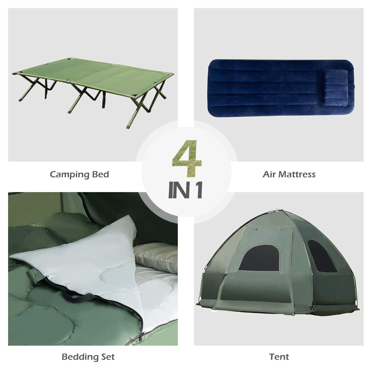 Double Tent Bed with Air Mattress & Pillow - Portable Folding Camping Cot with Metal Frame & Polyester Canopy - Military Green for Outdoor Family Camping, Picnics & Backpacking Adventures