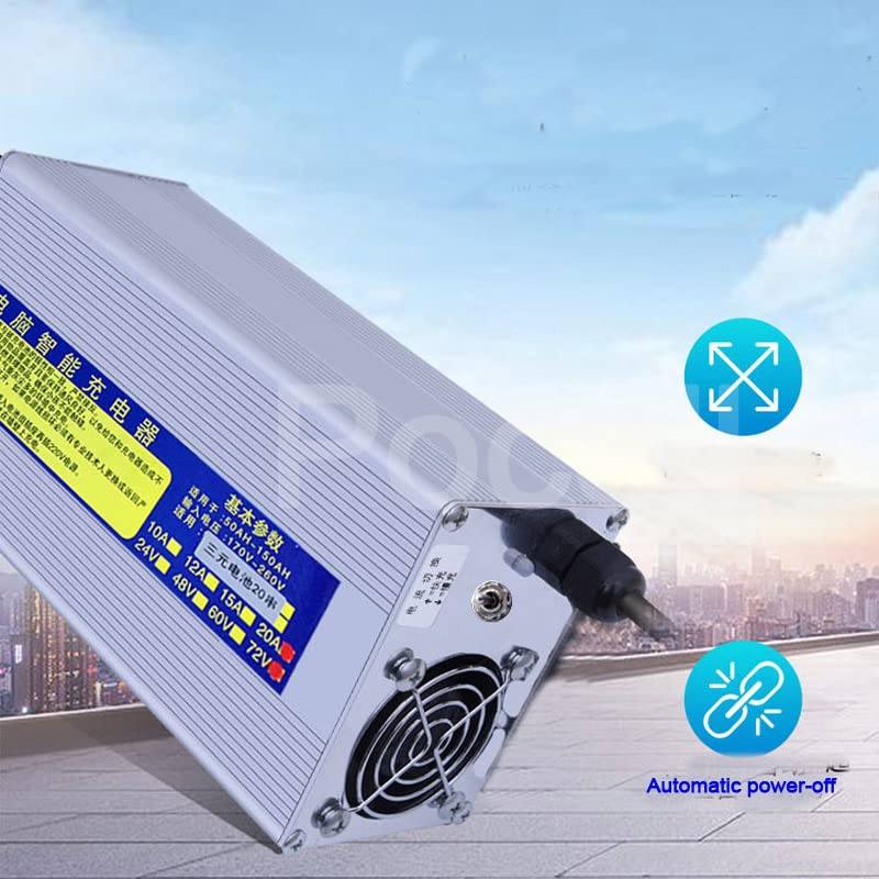 60V 20A Fast Smart Charger for Lithium LiFePO4 LTO & Lead Acid Batteries - 67.2V 10A/15A, 73V 20S Compatible with 50Ah-100Ah Batteries - Perfect for E-Bikes, Scooters, Golf Carts & Solar Power Systems (75.6V Lithium, 10A Model)