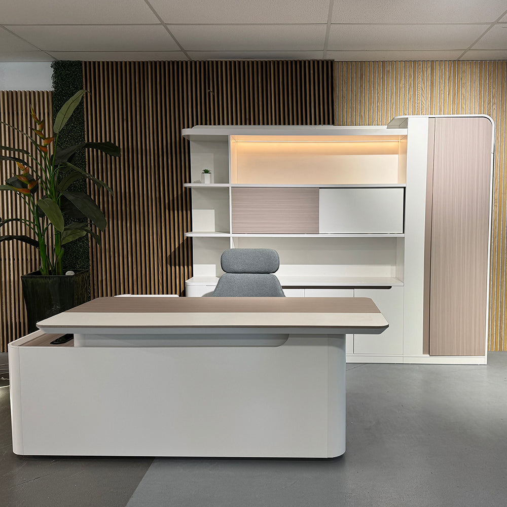 LUSH Display Unit 261.5cm White & Taupe - Modern Retail Shelving for Boutique, Clothing Store & Home Organization